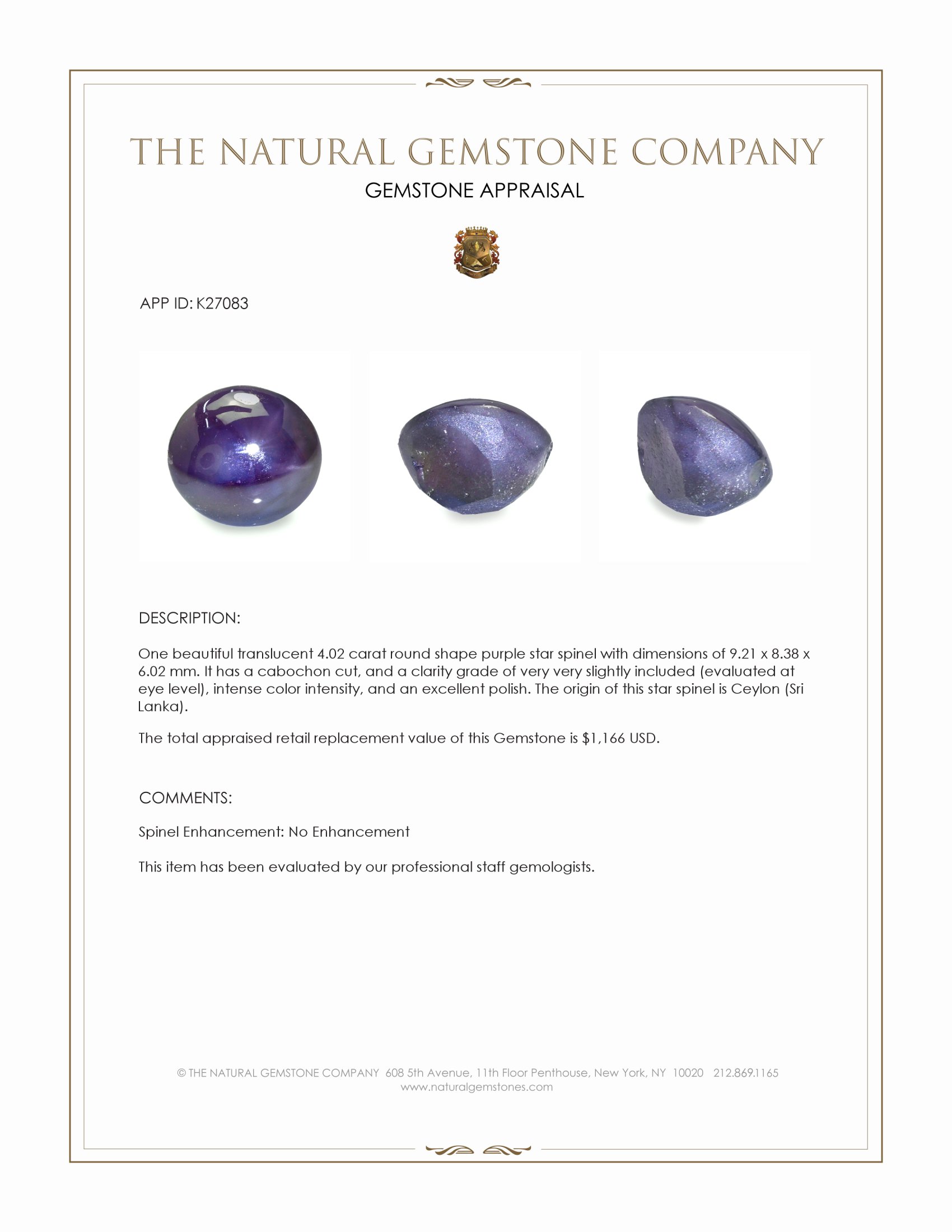 4.02 Ct. Purple Star Spinel from Ceylon (Sri Lanka)