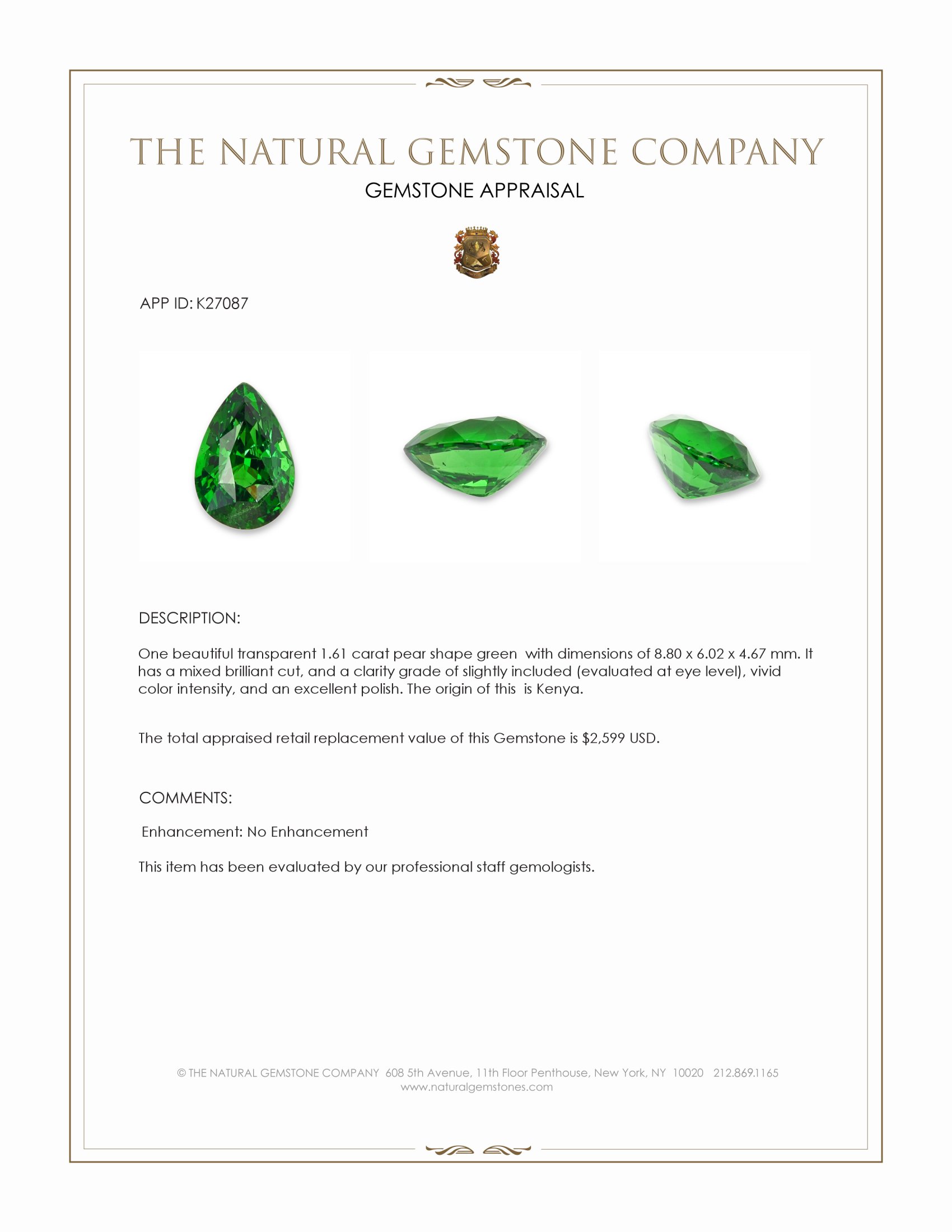 1.61 Ct. Tsavorite Garnet from Kenya