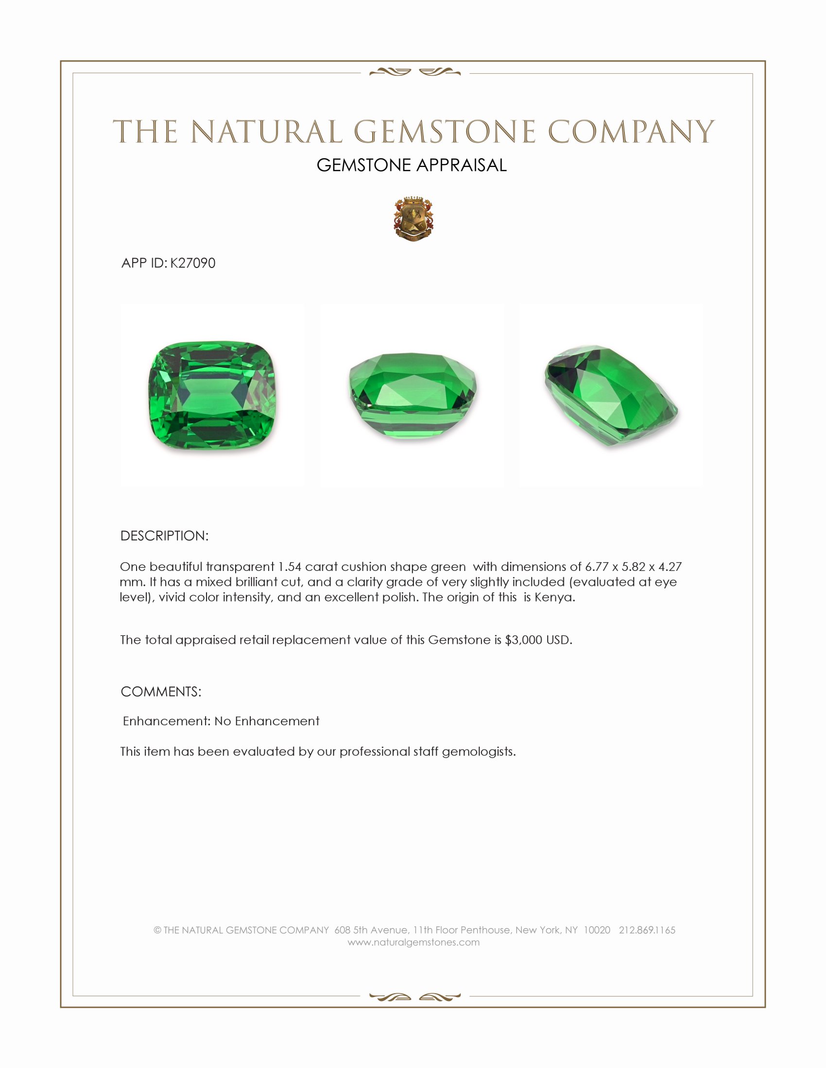 1.54 Ct. Tsavorite Garnet from Kenya