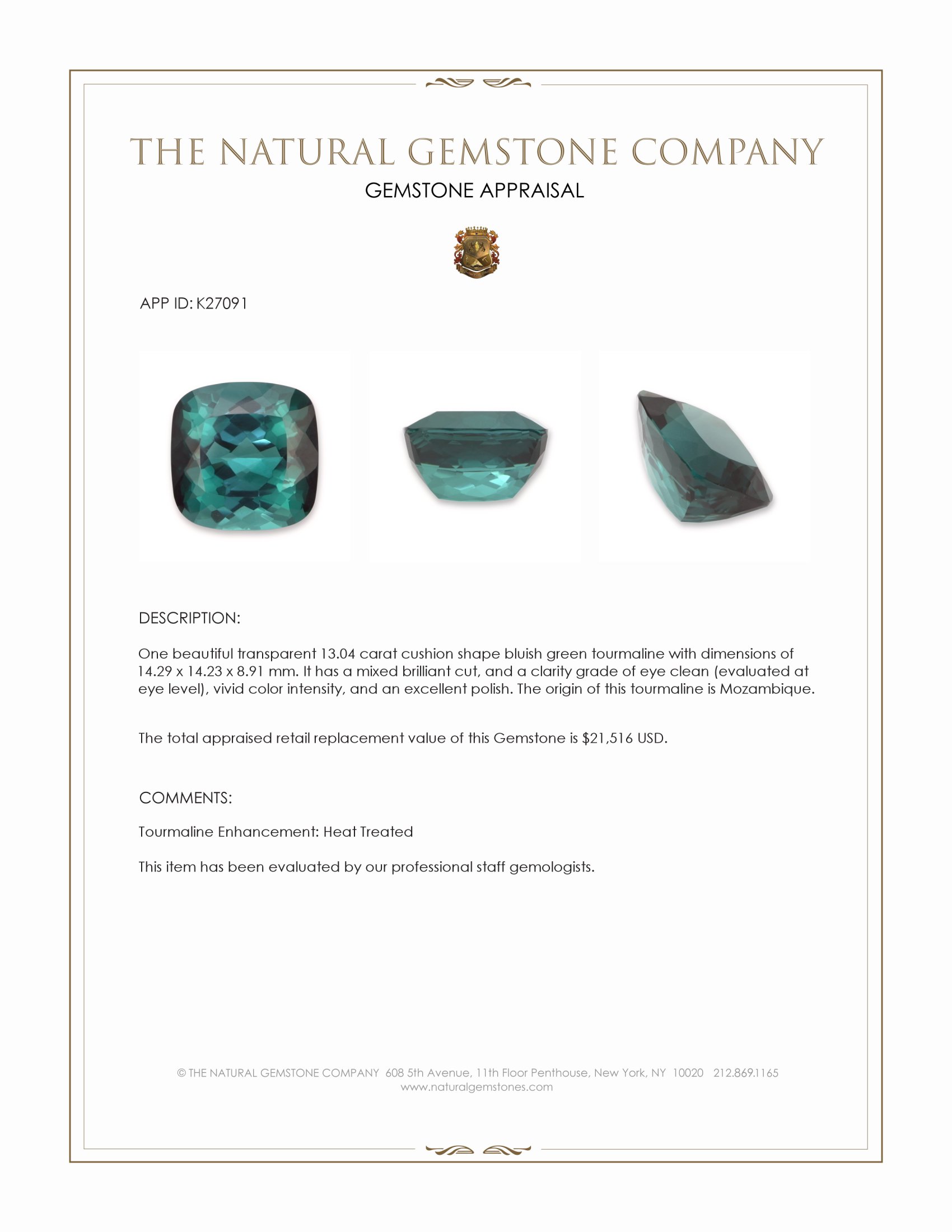 13.04 Ct. Bluish Green Tourmaline from Mozambique