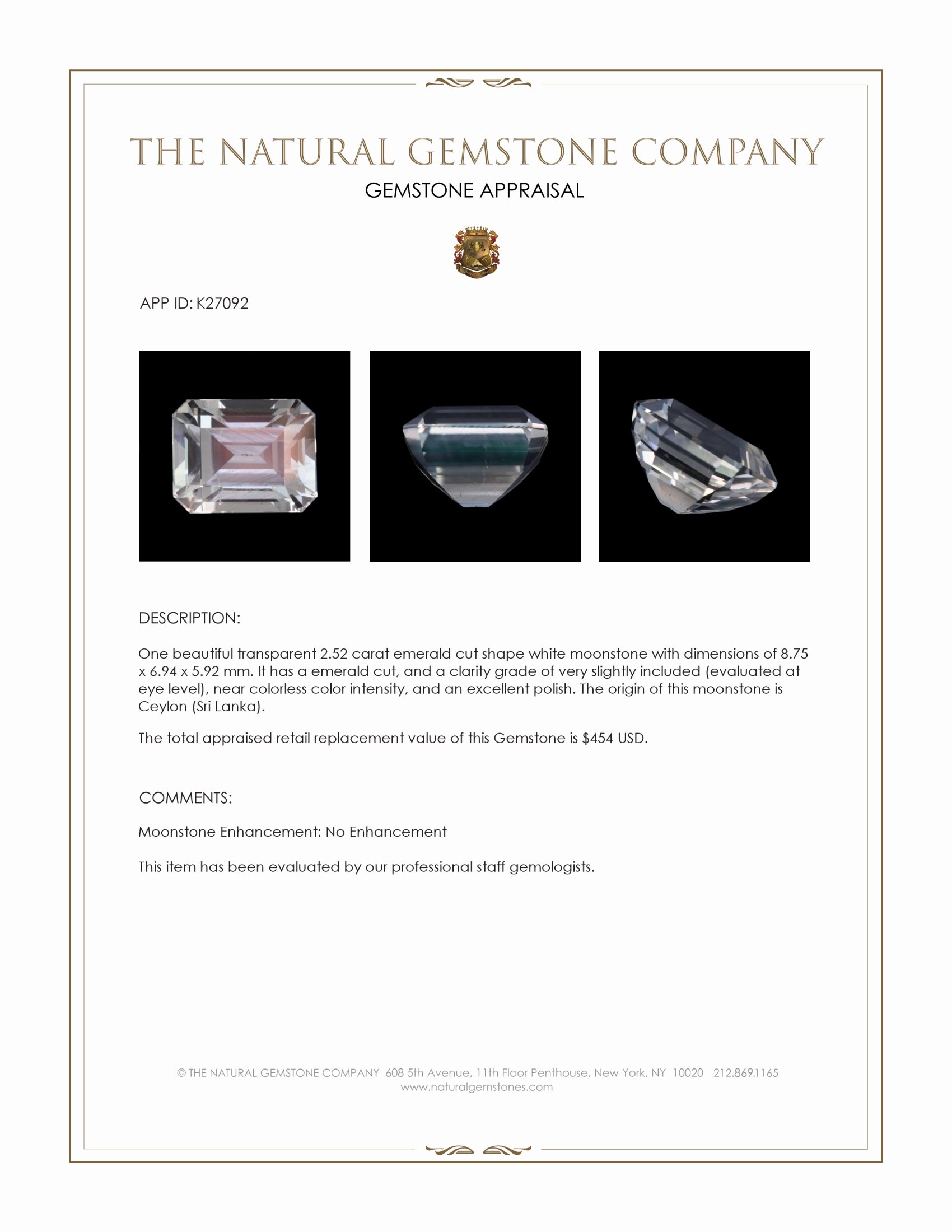 2.52 Ct. White Moonstone from Ceylon (Sri Lanka)