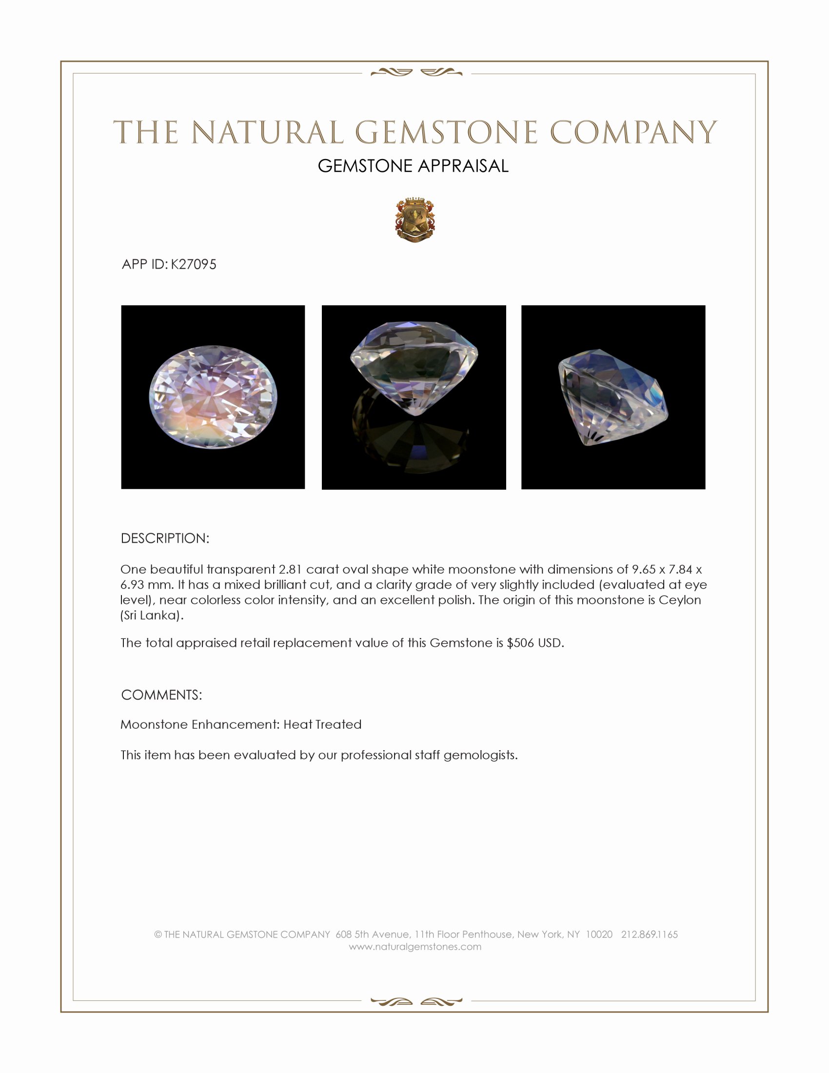 2.81 Ct. White Moonstone from Ceylon (Sri Lanka)