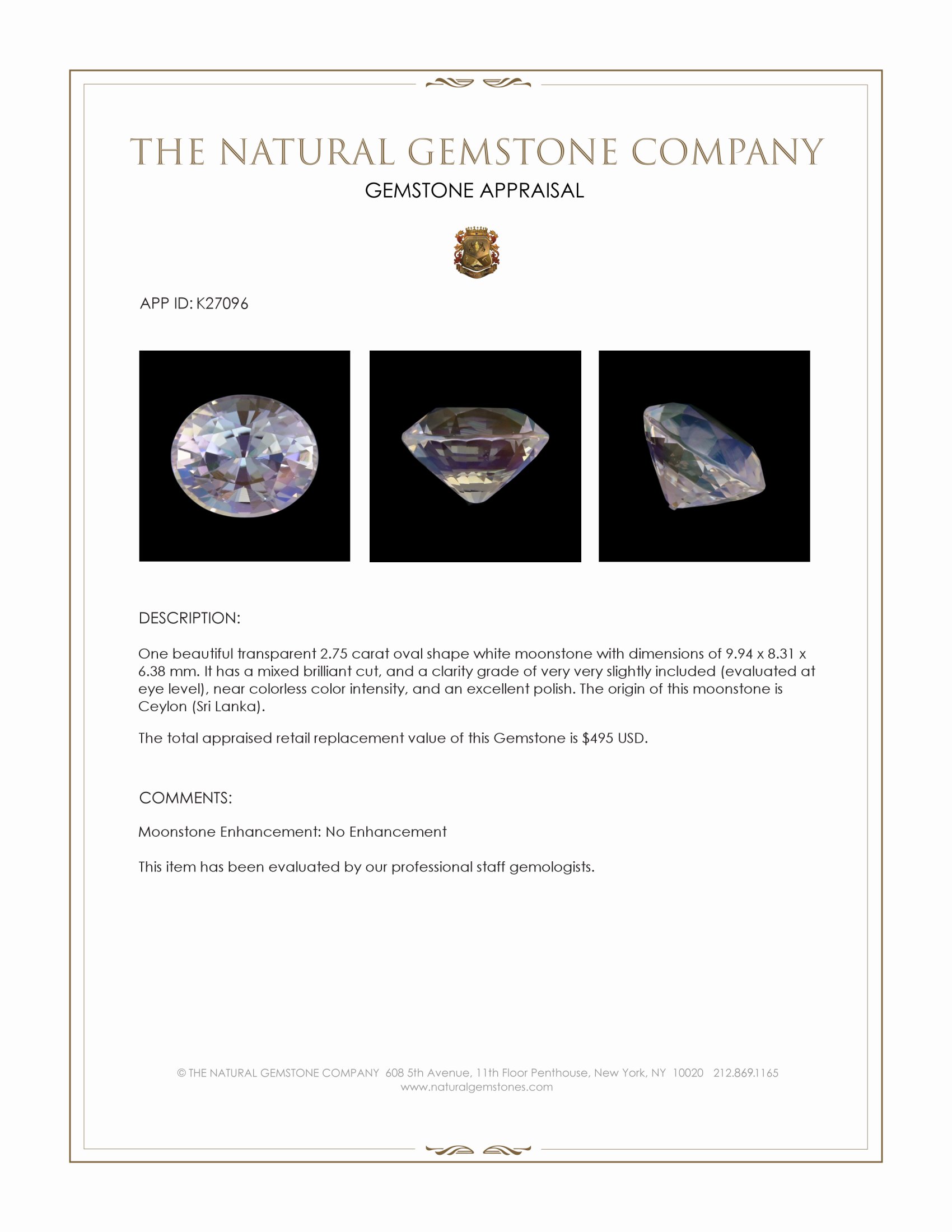 2.75 Ct. White Moonstone from Ceylon (Sri Lanka)