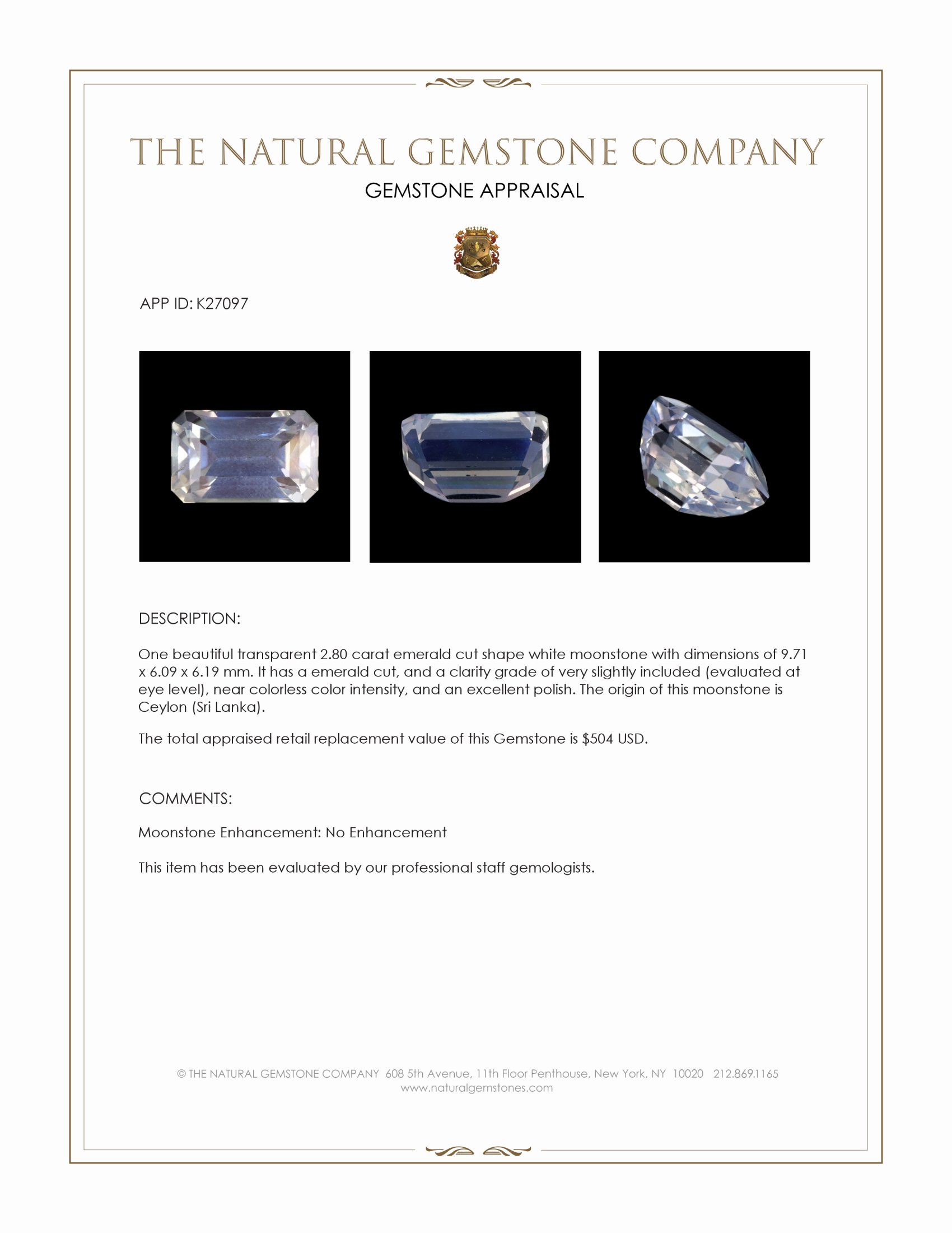2.80 Ct. White Moonstone from Ceylon (Sri Lanka)