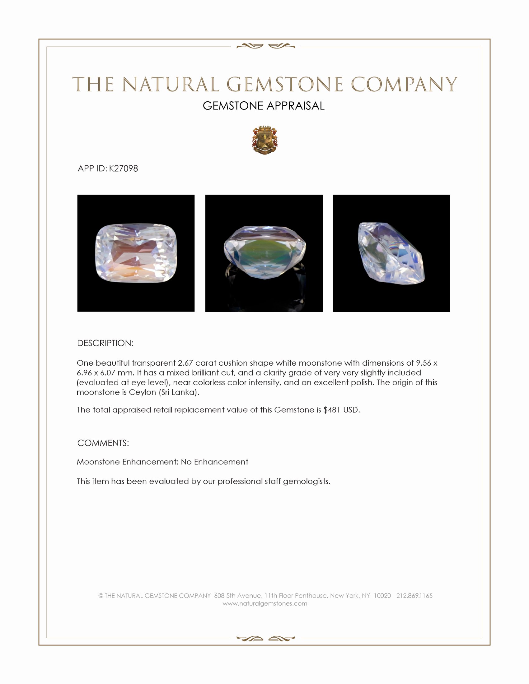 2.67 Ct. White Moonstone from Ceylon (Sri Lanka)