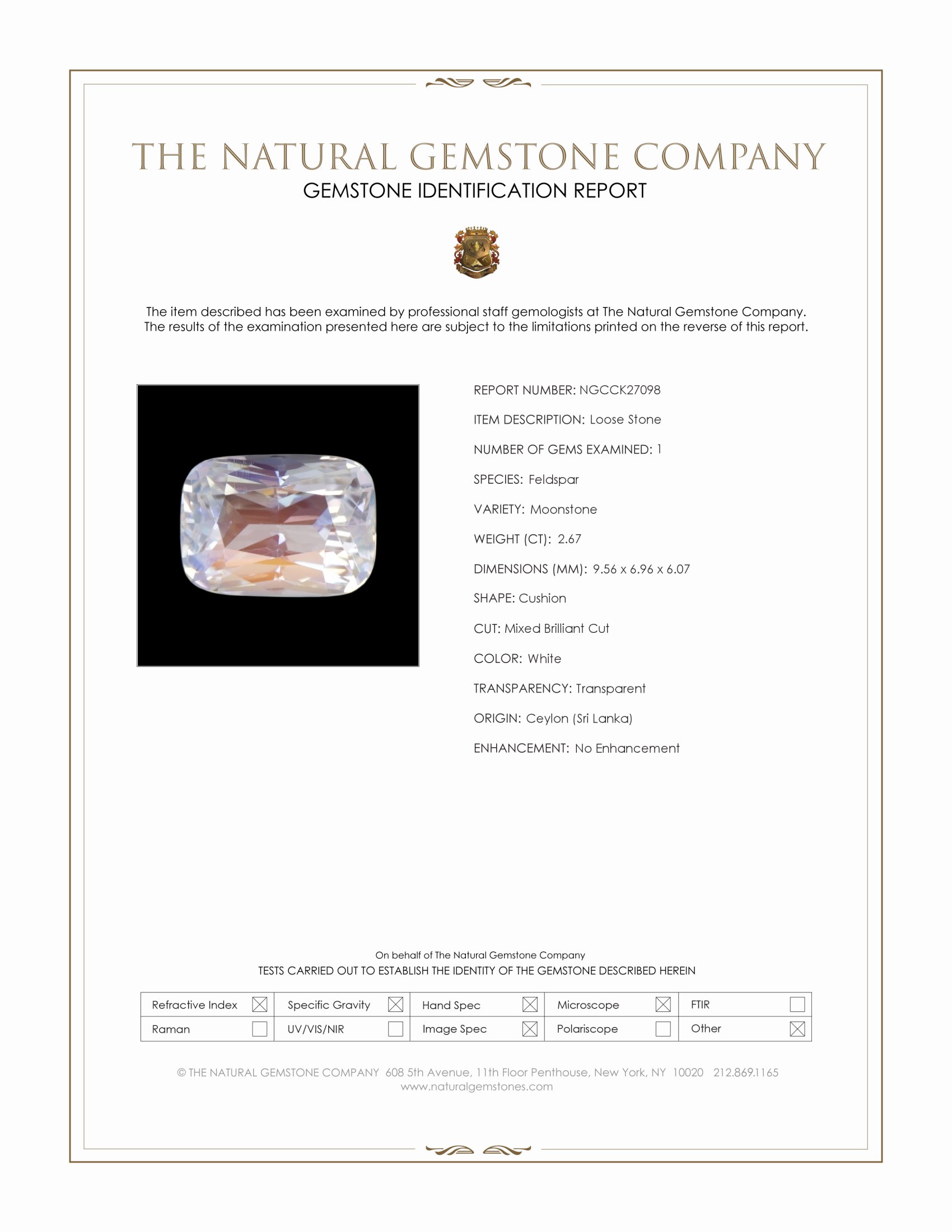 2.67 Ct. White Moonstone from Ceylon (Sri Lanka)