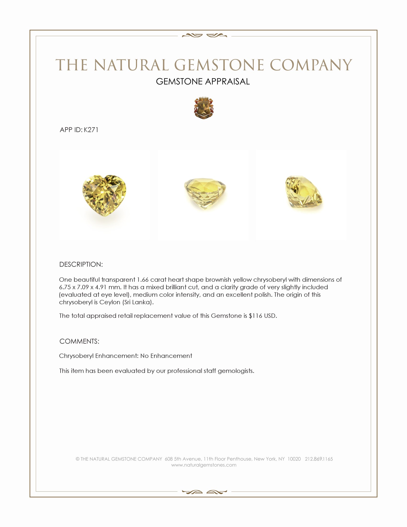 1.66 Ct. Brownish Yellow Chrysoberyl from Ceylon (Sri Lanka)