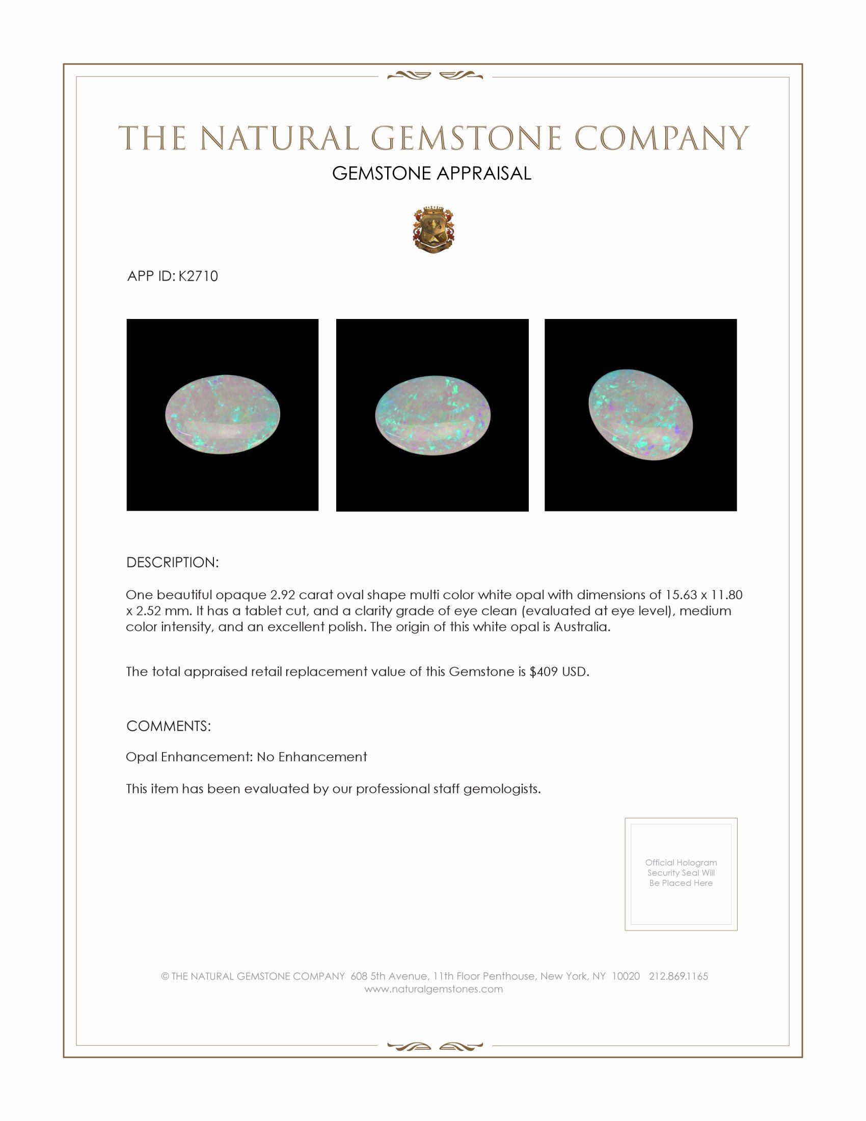 2.92 Ct. White Opal from Australia