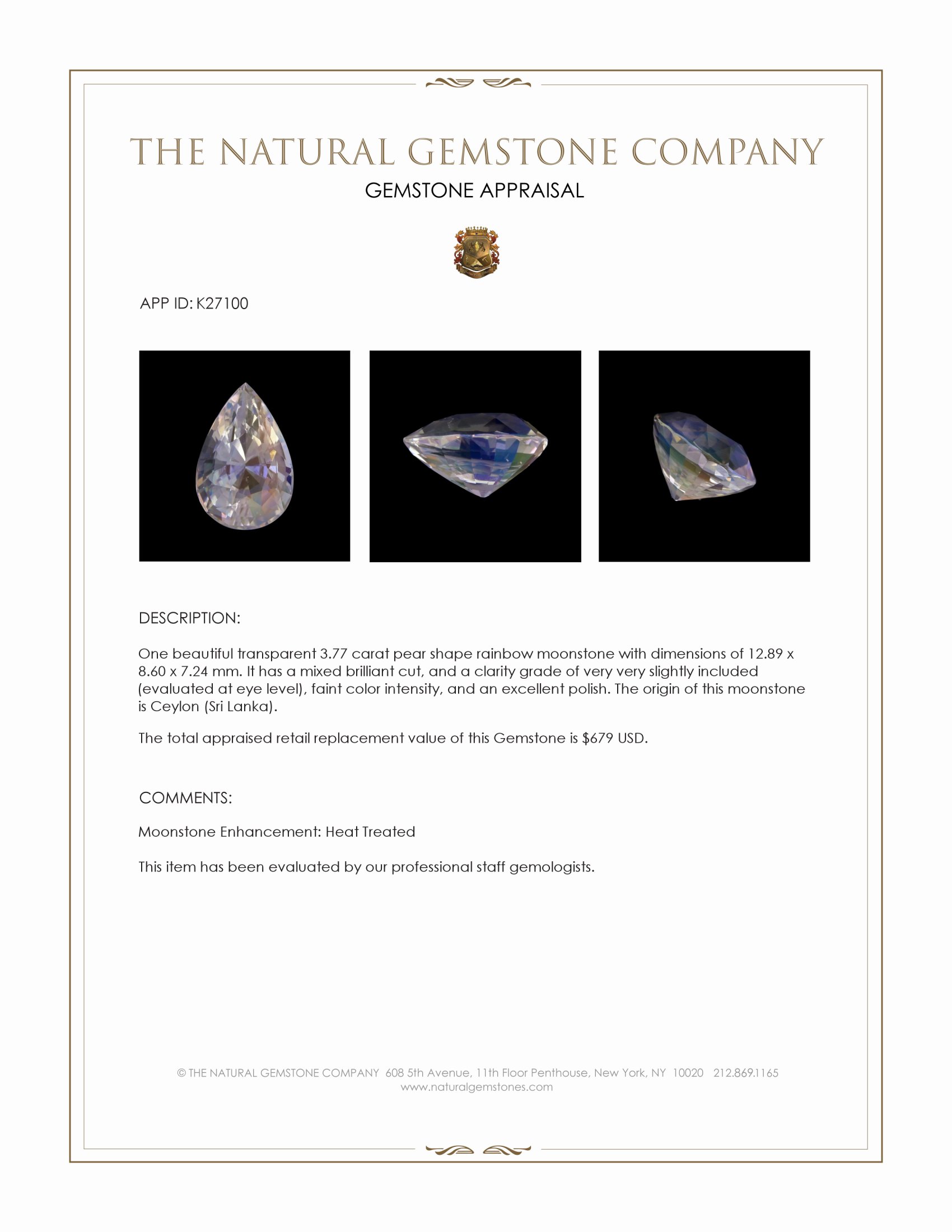 3.77 Ct. Rainbow Moonstone from Ceylon (Sri Lanka)