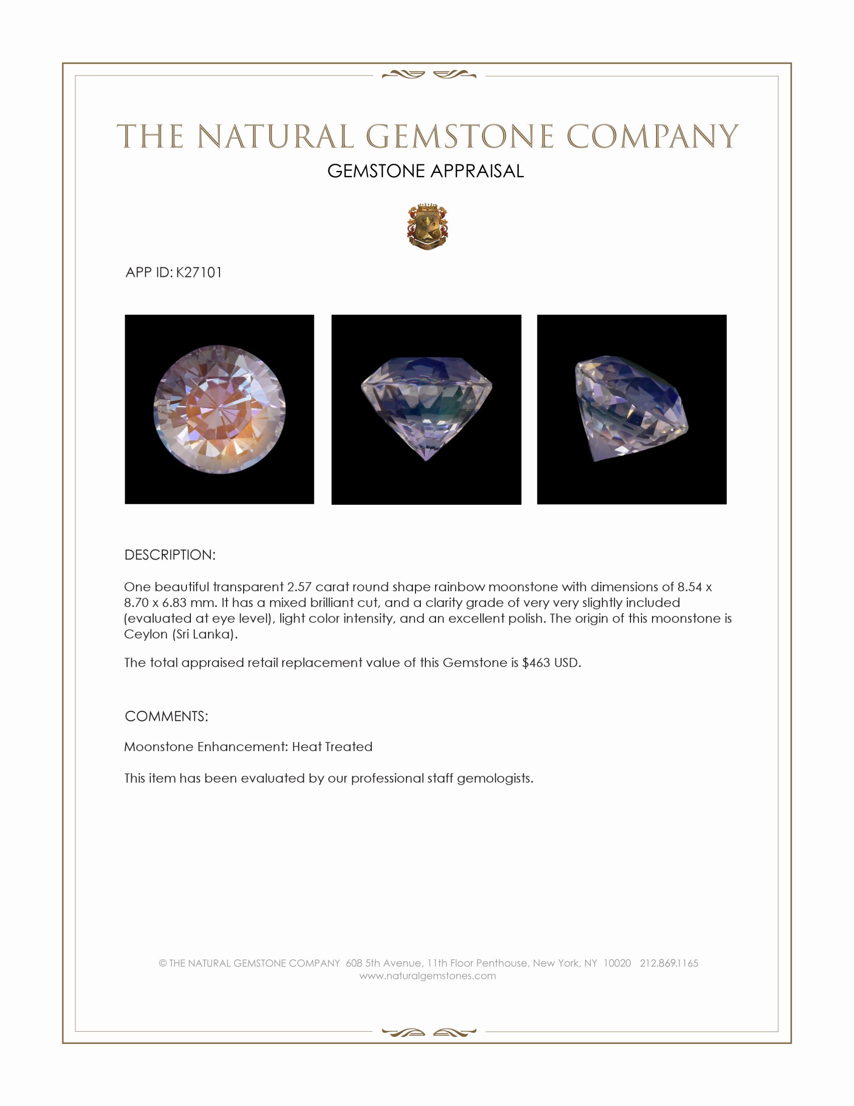 2.57 Ct. Rainbow Moonstone from Ceylon (Sri Lanka)