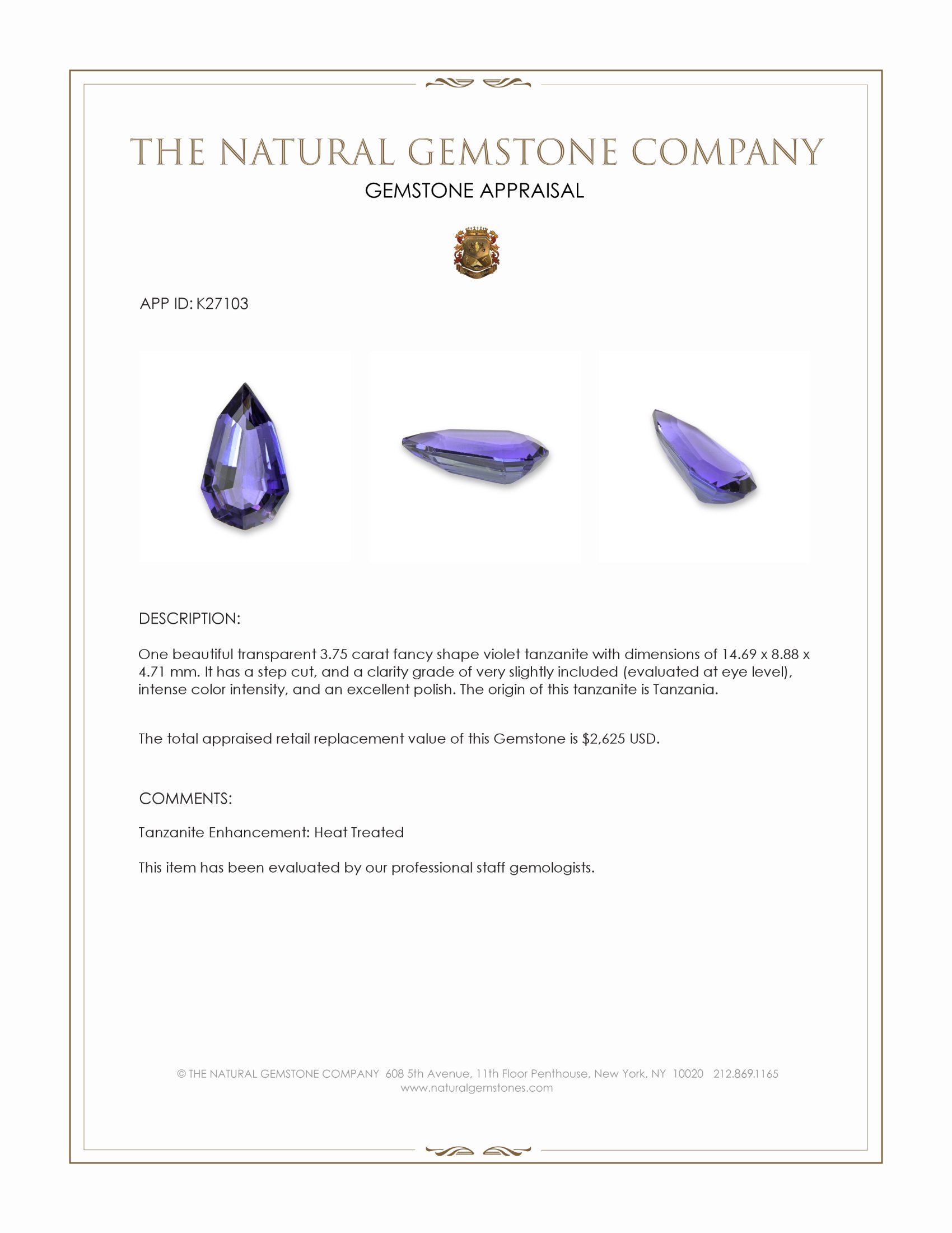 3.75 Ct. Violet Tanzanite from Tanzania