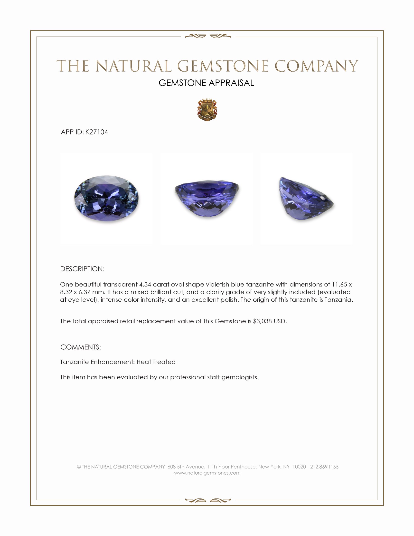 4.34 Ct. Violetish Blue Tanzanite from Tanzania