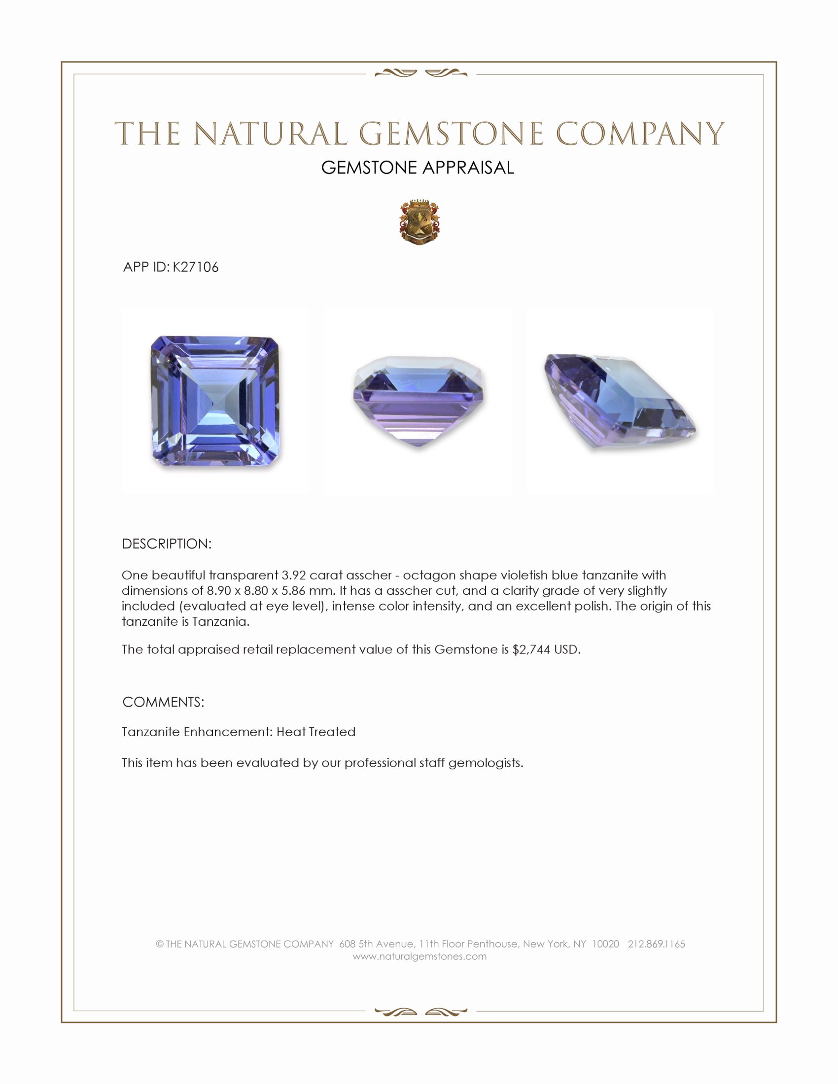3.92 Ct. Violetish Blue Tanzanite from Tanzania