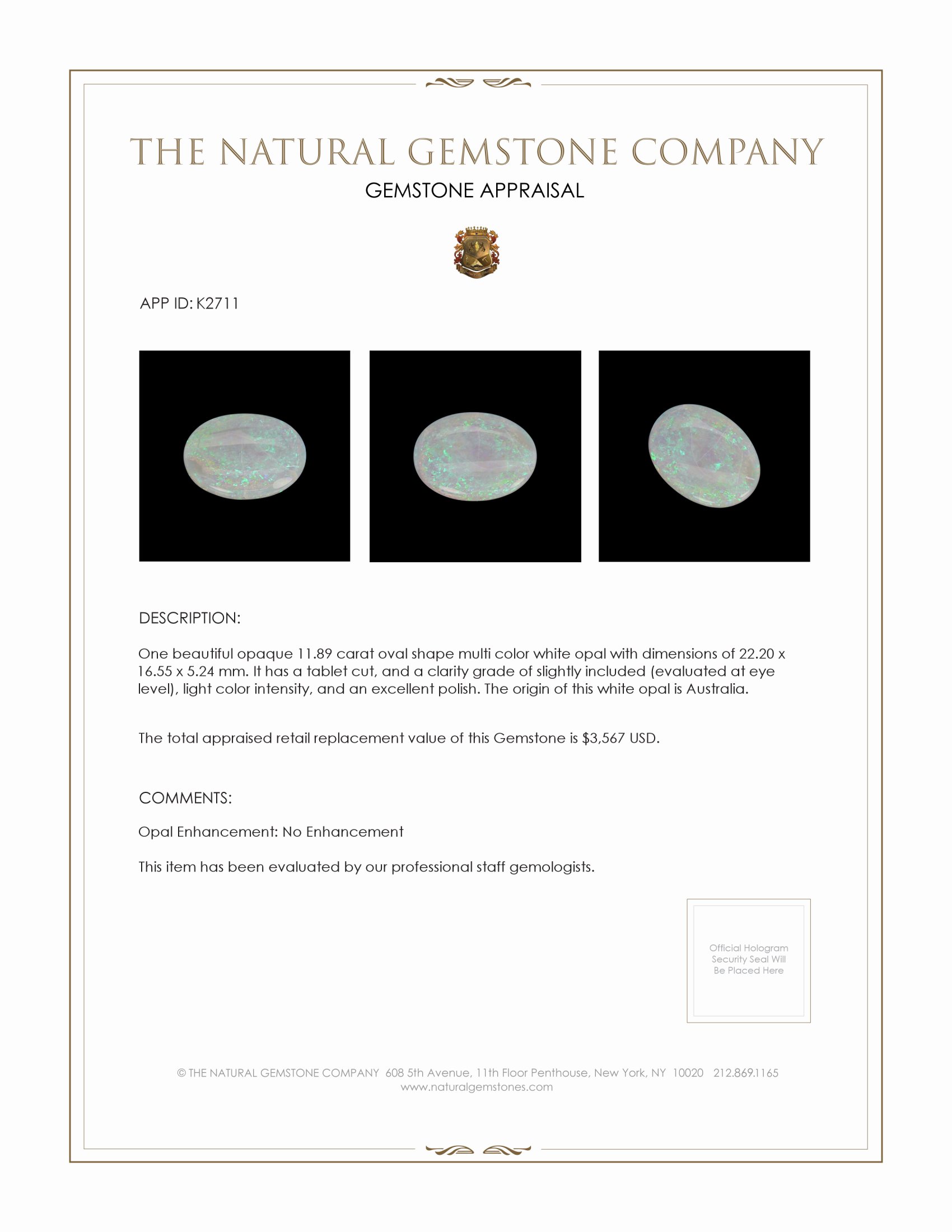 11.89 Ct. Multi Color White Opal (Light Opal) from Australia