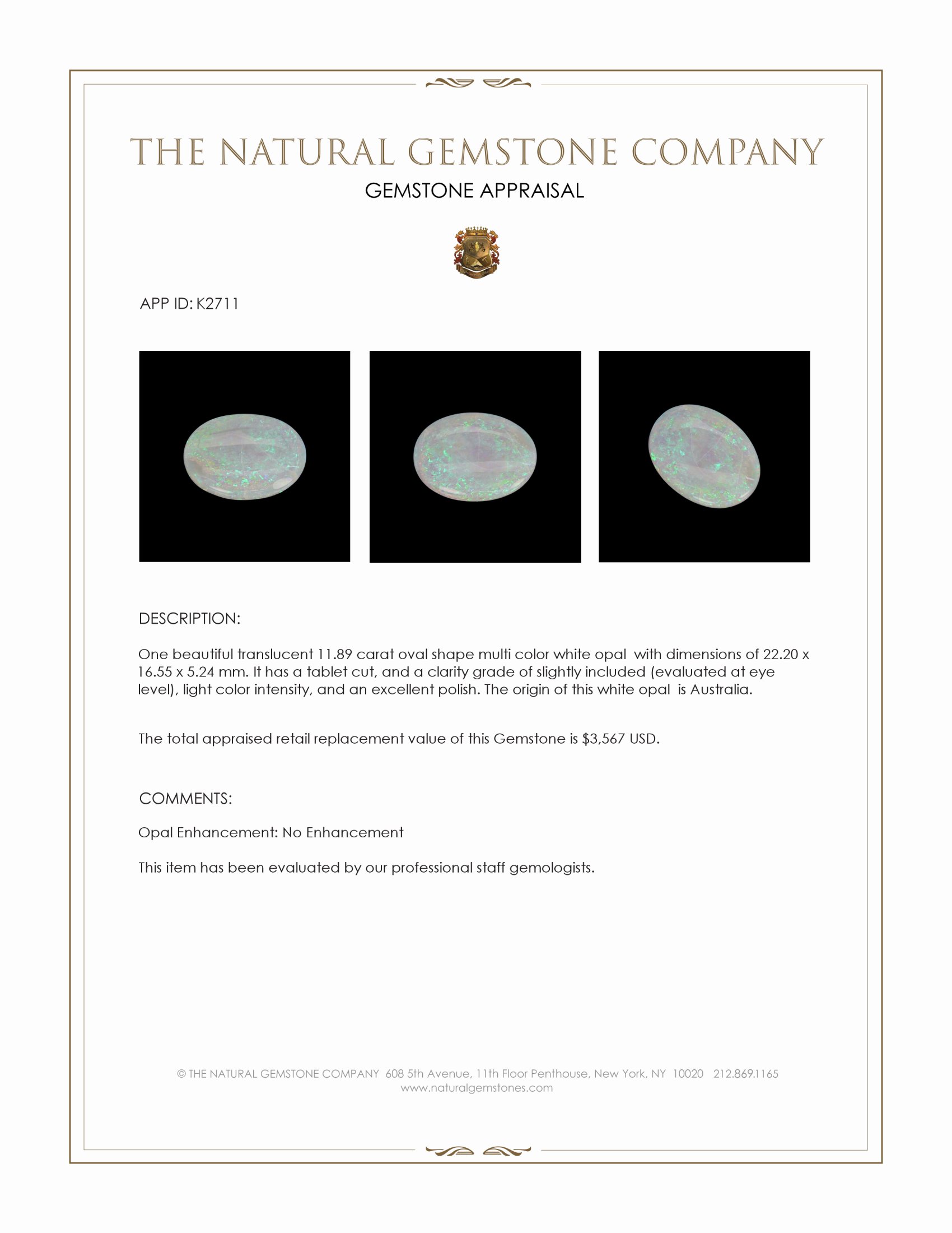 11.89 Ct. Multi Color White Opal (Light Opal) from Australia