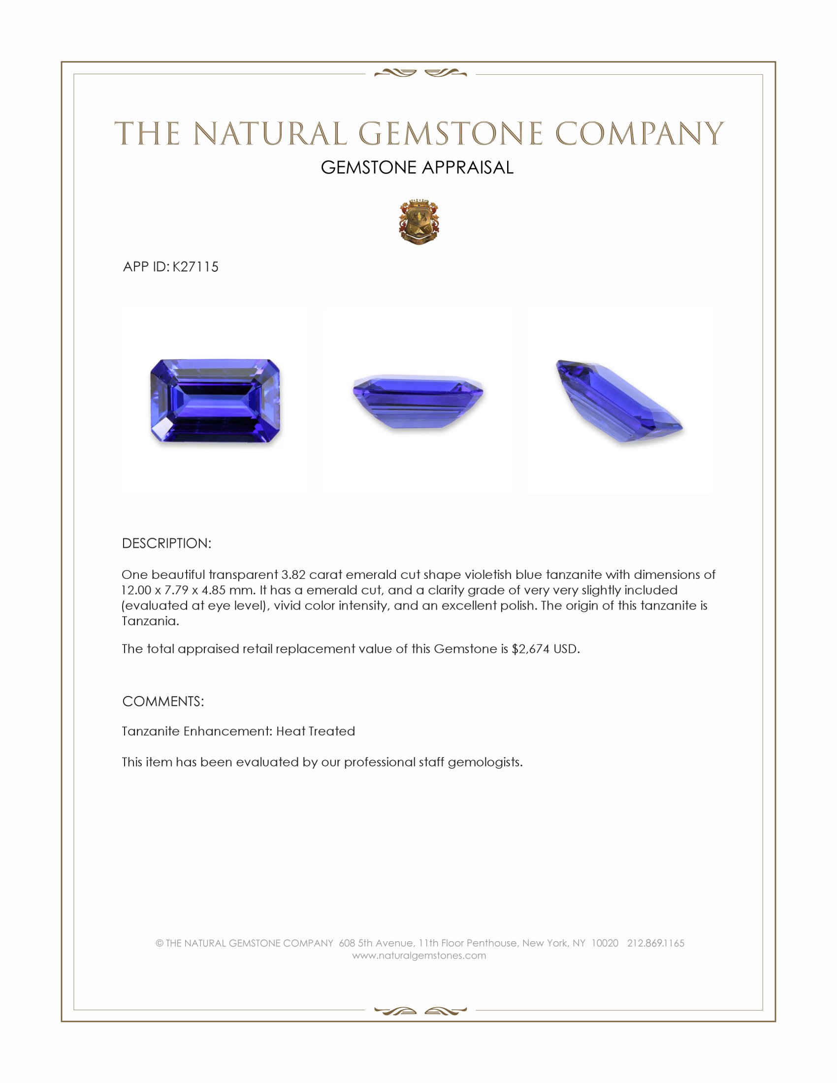 3.82 Ct. Violetish Blue Tanzanite from Tanzania