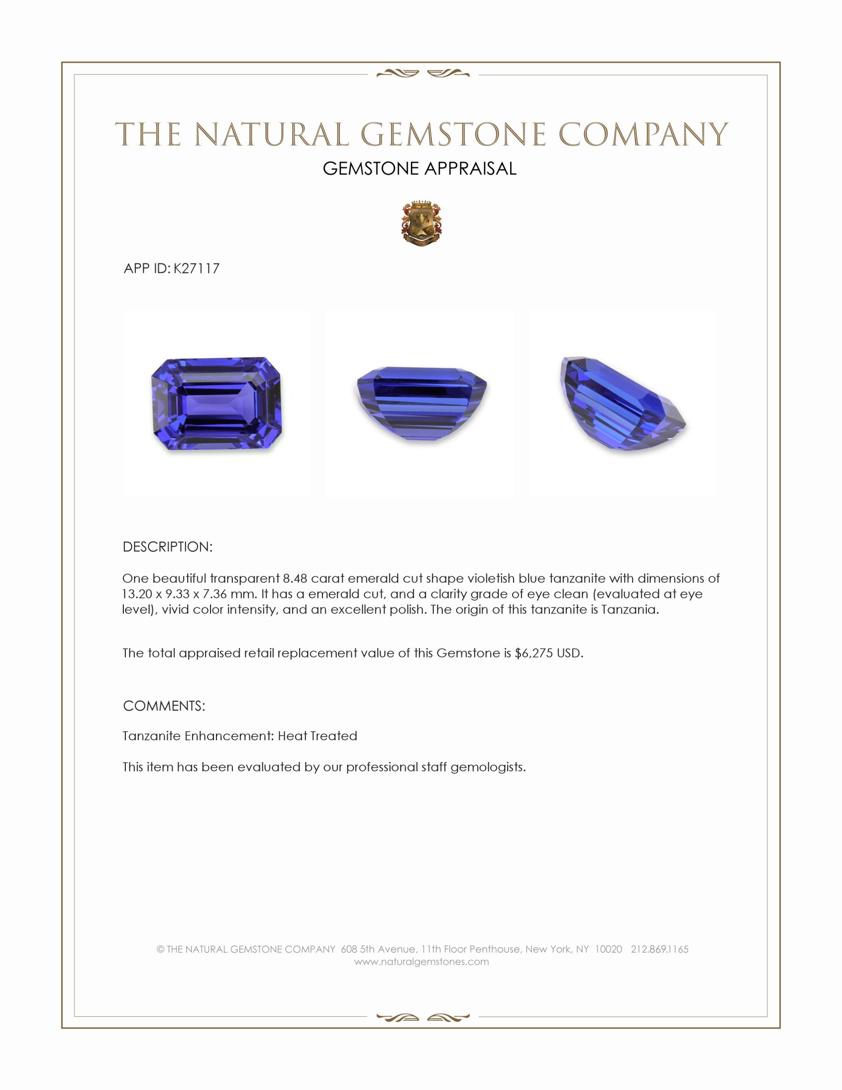 8.48 Ct. Violetish Blue Tanzanite from Tanzania