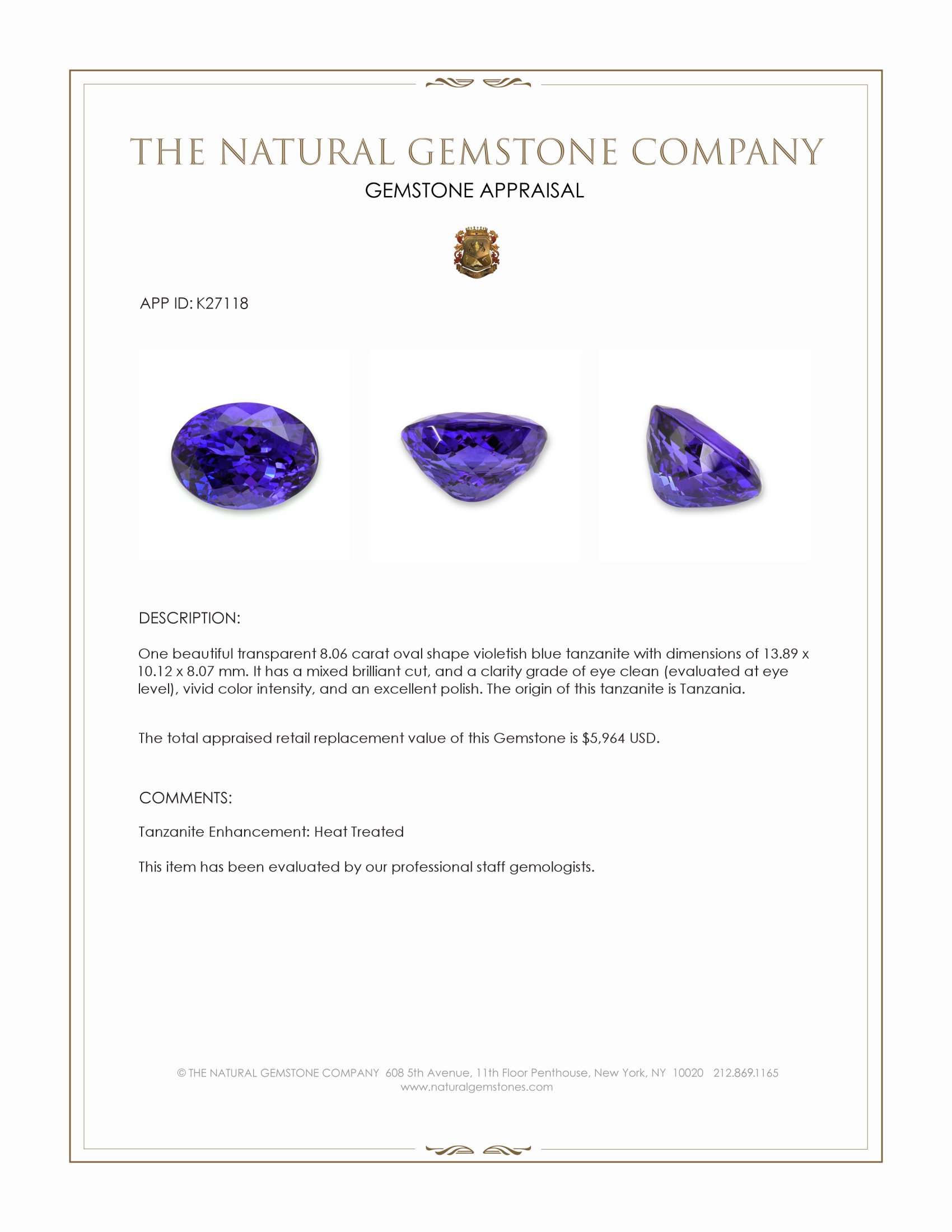 8.06 Ct. Violetish Blue Tanzanite from Tanzania