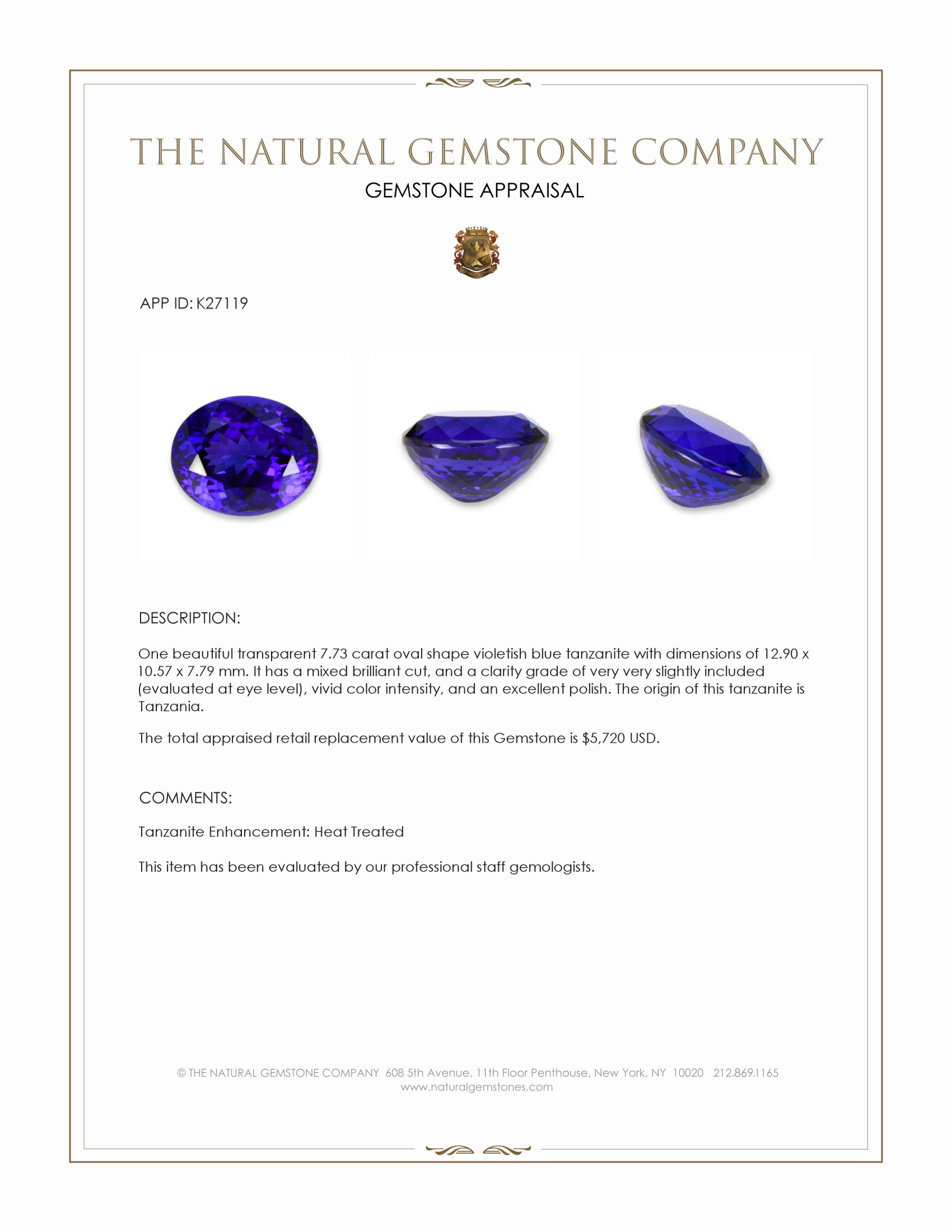7.73 Ct. Violetish Blue Tanzanite from Tanzania