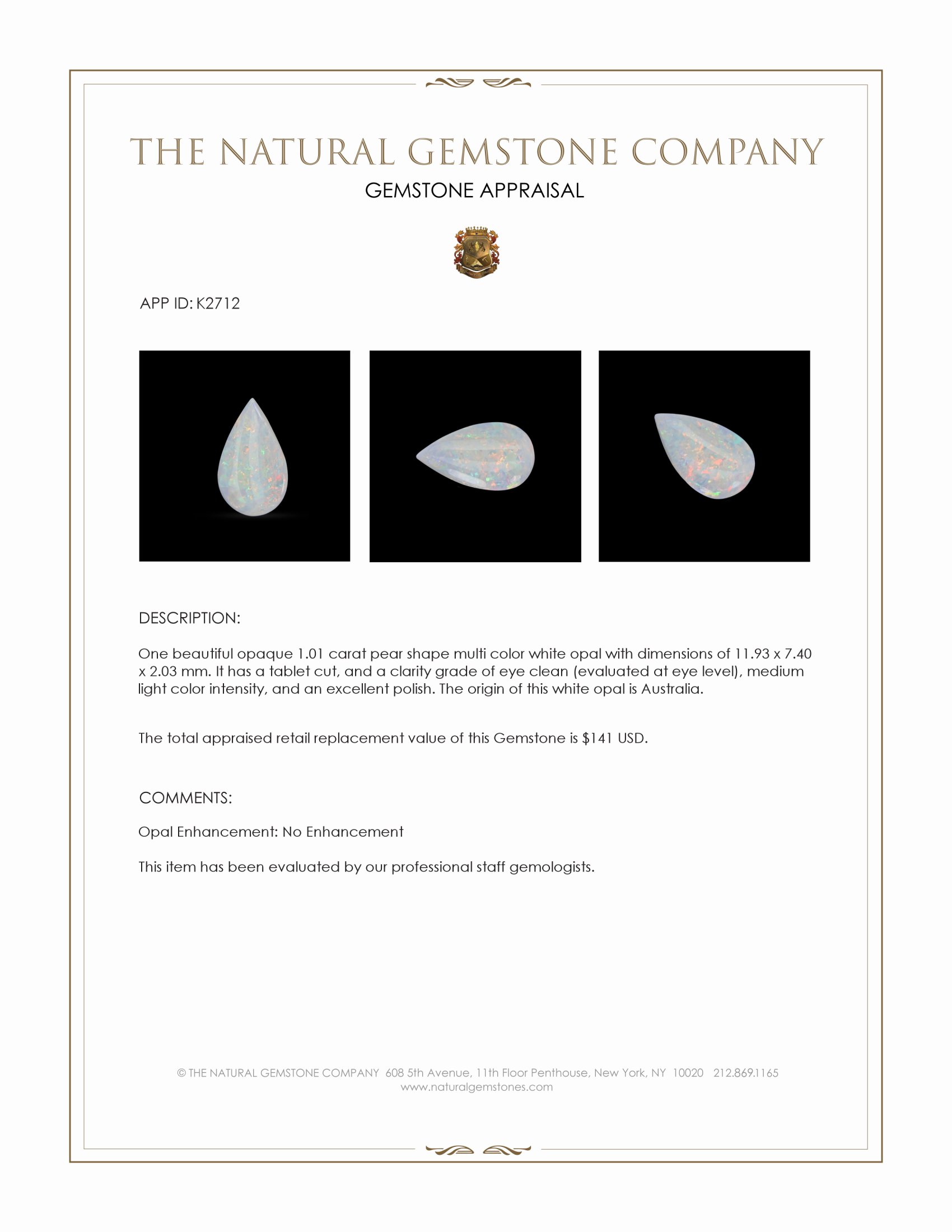 1.01 Ct. White Opal from Australia