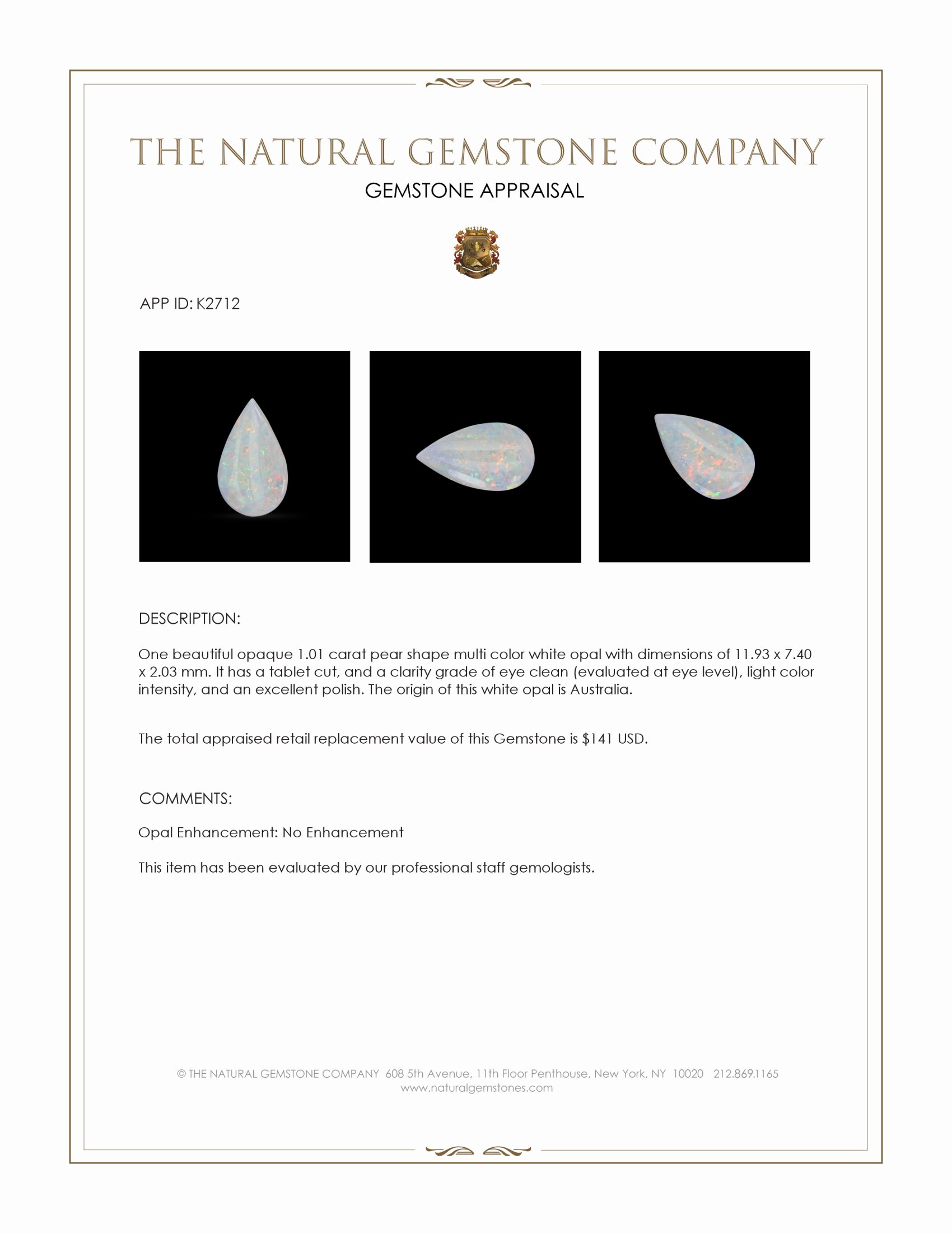 1.01 Ct. White Opal from Australia