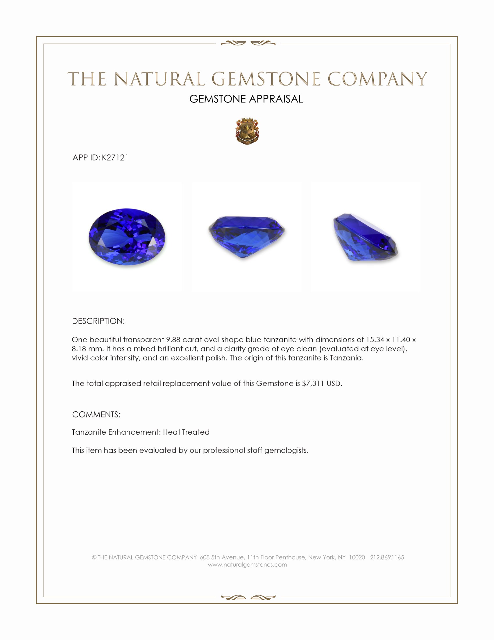 9.88 Ct. Blue Tanzanite from Tanzania