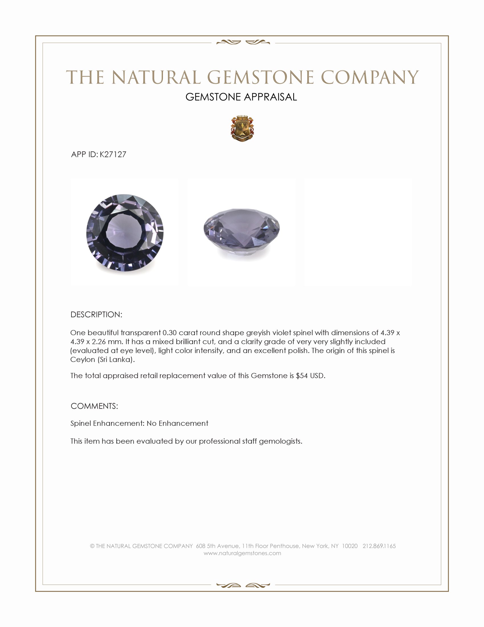 0.30 Ct. Greyish Violet Spinel from Ceylon (Sri Lanka)