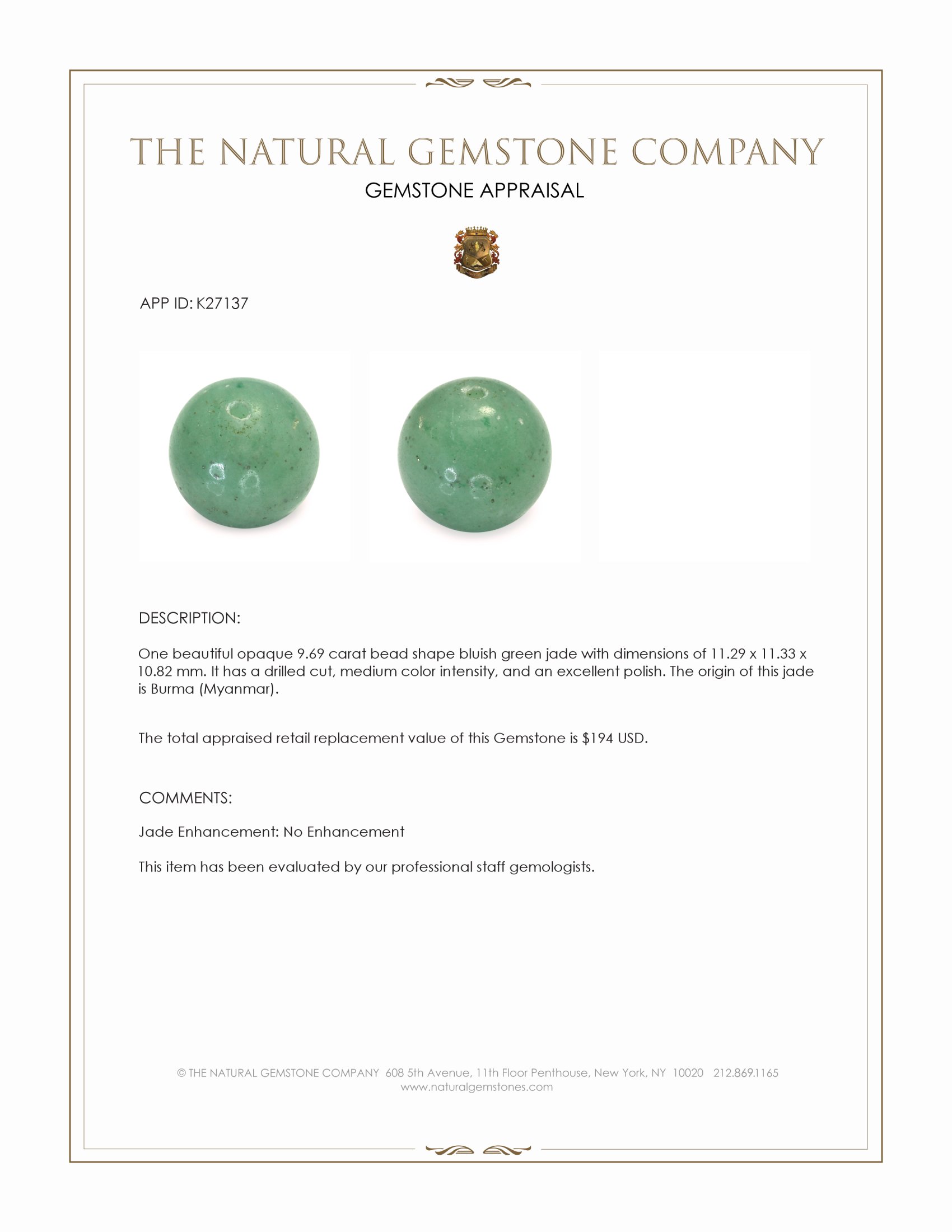 9.69 Ct. Bluish Green Jade from Burma (Myanmar)