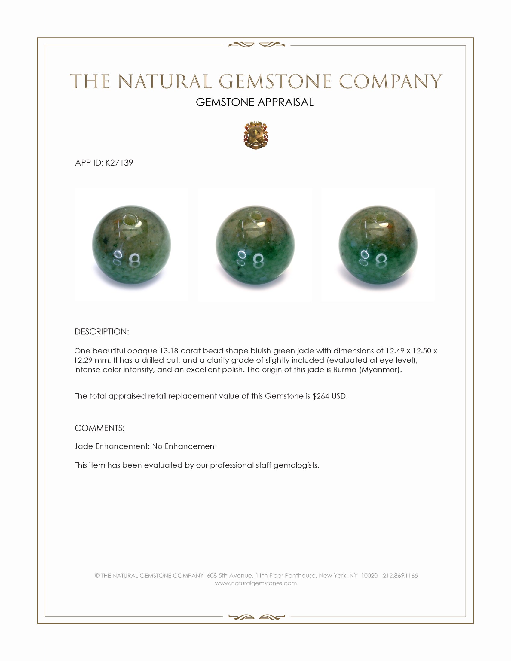 13.18 Ct. Bluish Green Jade from Burma (Myanmar)