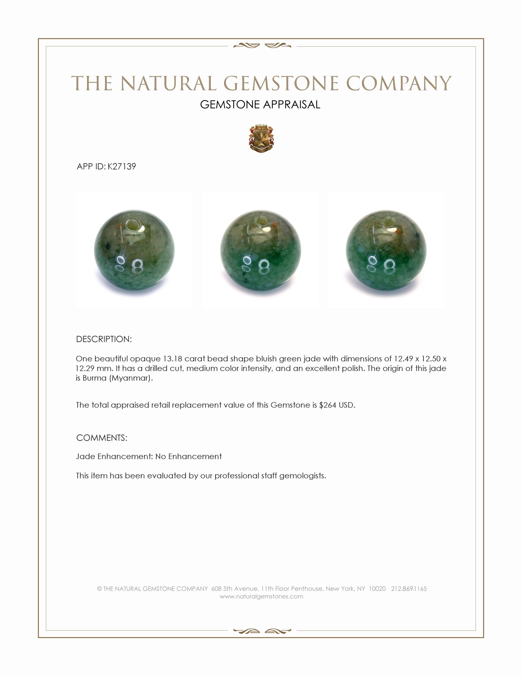 13.18 Ct. Bluish Green Jade from Burma (Myanmar)