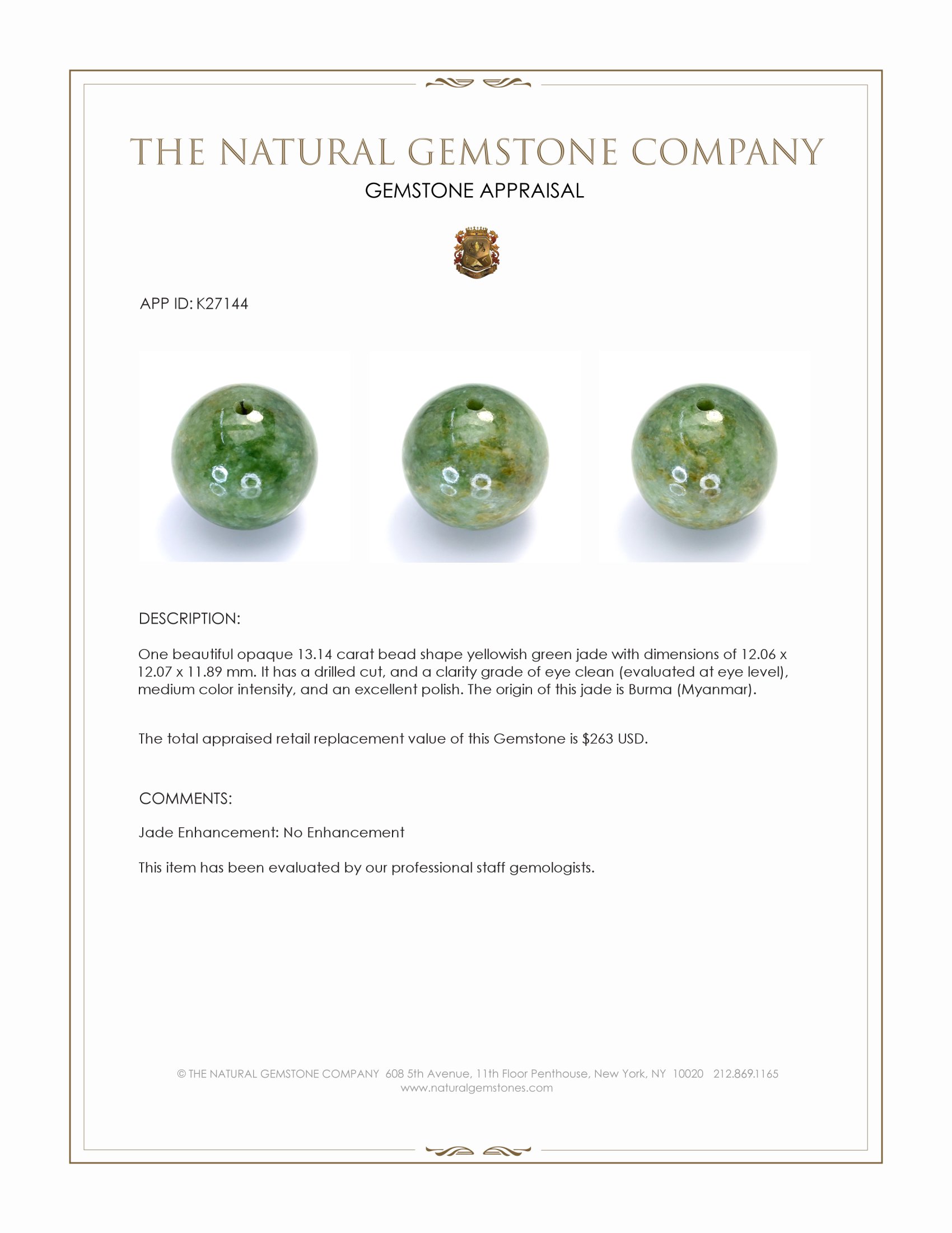 13.14 Ct. Yellowish Green Jade from Burma (Myanmar)