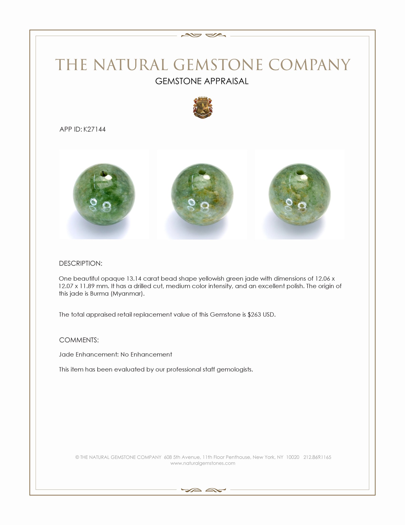 13.14 Ct. Yellowish Green Jade from Burma (Myanmar)