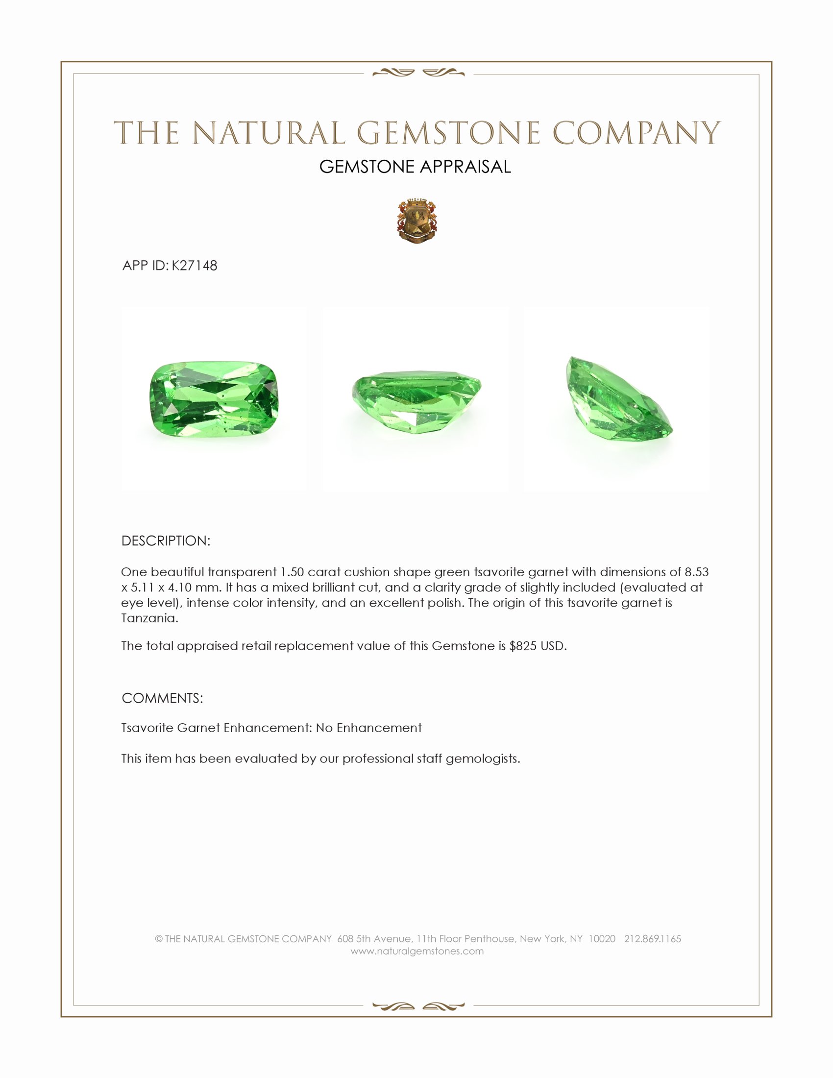 1.50 Ct. Tsavorite Garnet from Tanzania