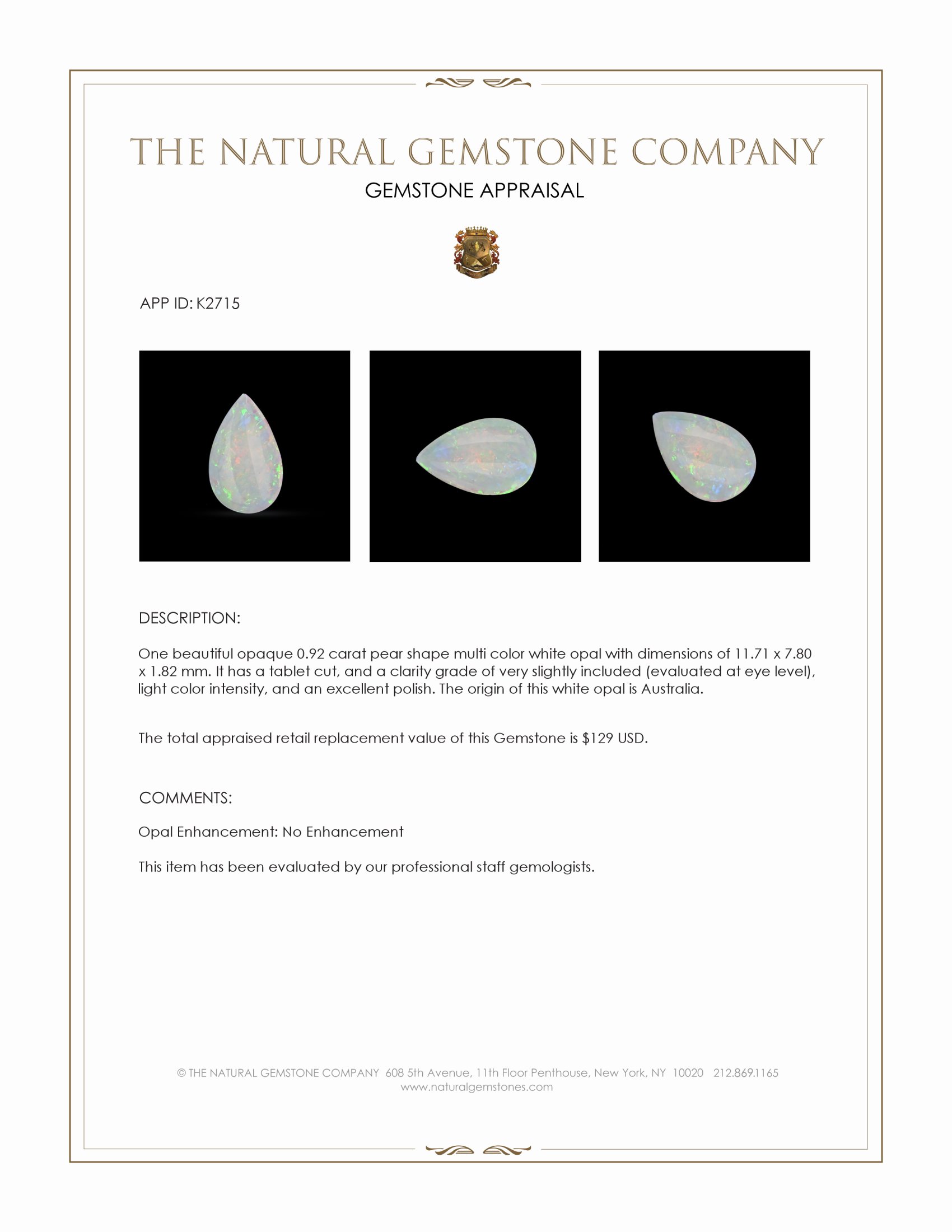 0.92 Ct. White Opal from Australia