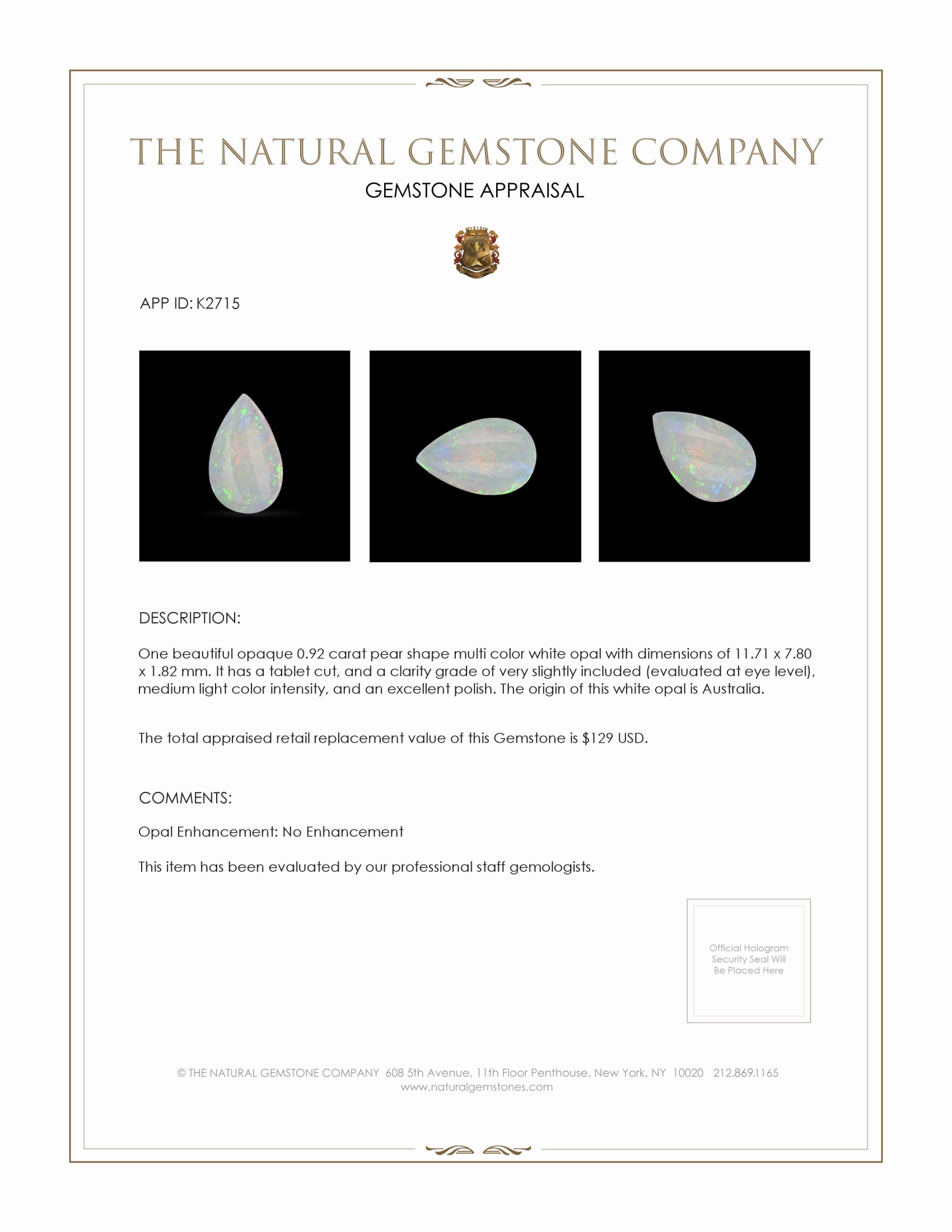 0.92 Ct. White Opal from Australia