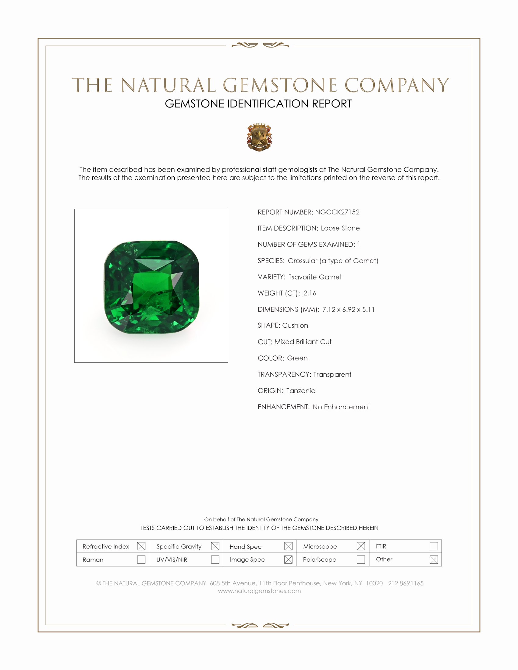 2.16 Ct. Tsavorite Garnet from Tanzania