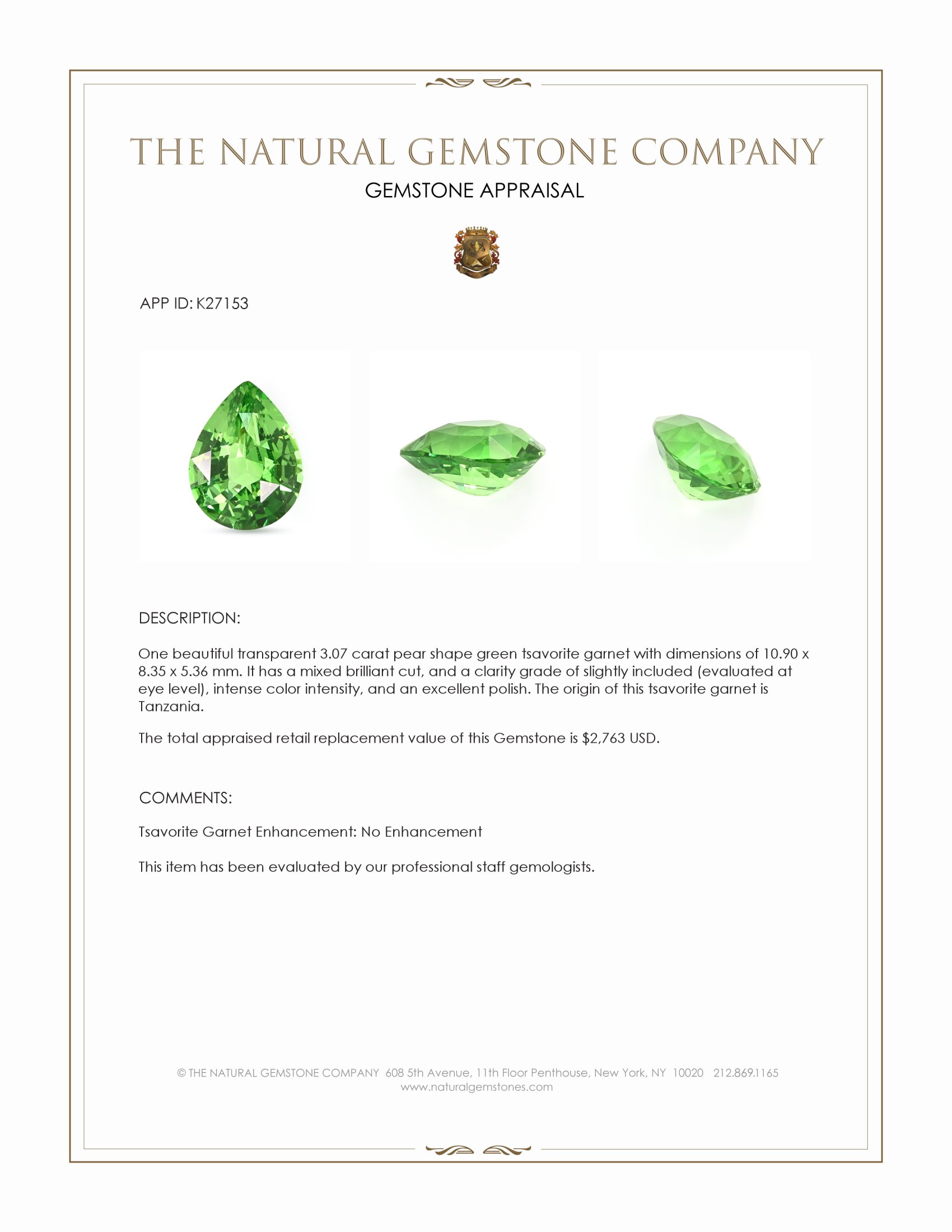 3.07 Ct. Tsavorite Garnet from Tanzania
