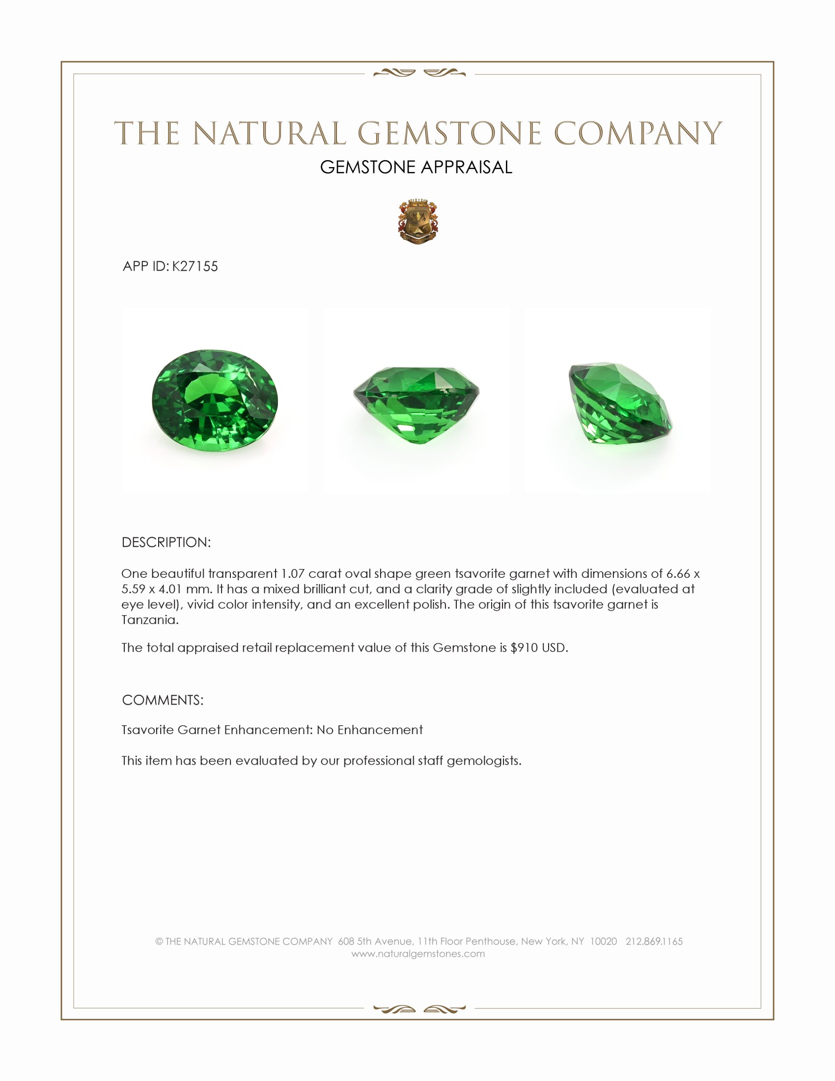 1.07 Ct. Tsavorite Garnet from Tanzania