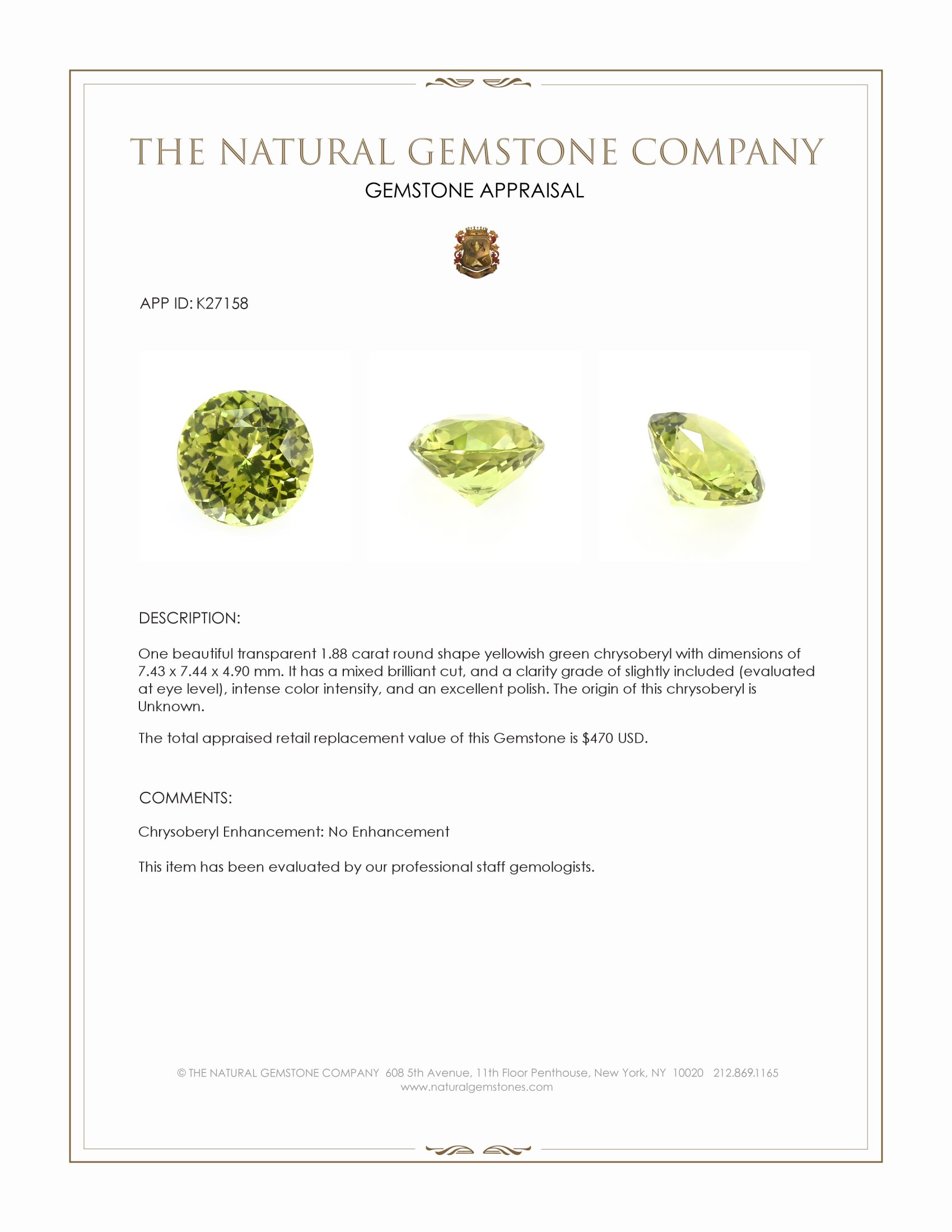 1.88 Ct. Yellowish Green Chrysoberyl