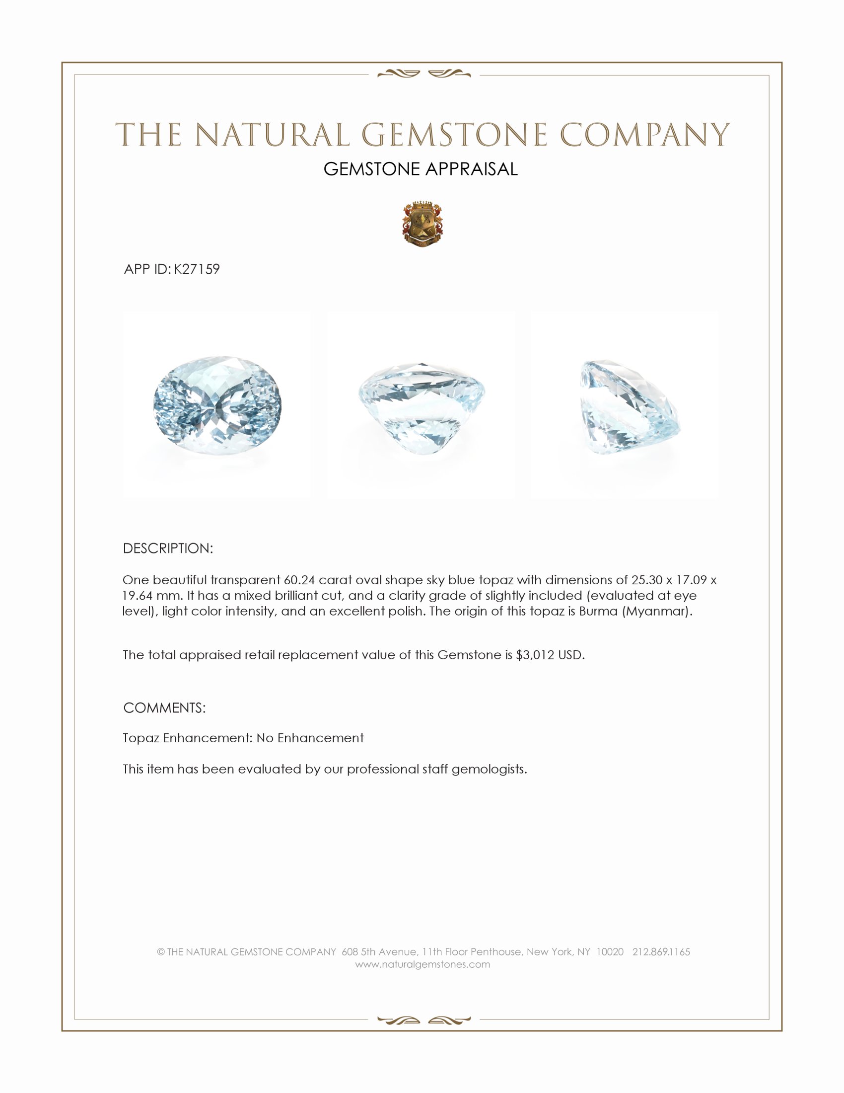 60.24 Ct. Sky Blue Topaz from Burma (Myanmar)