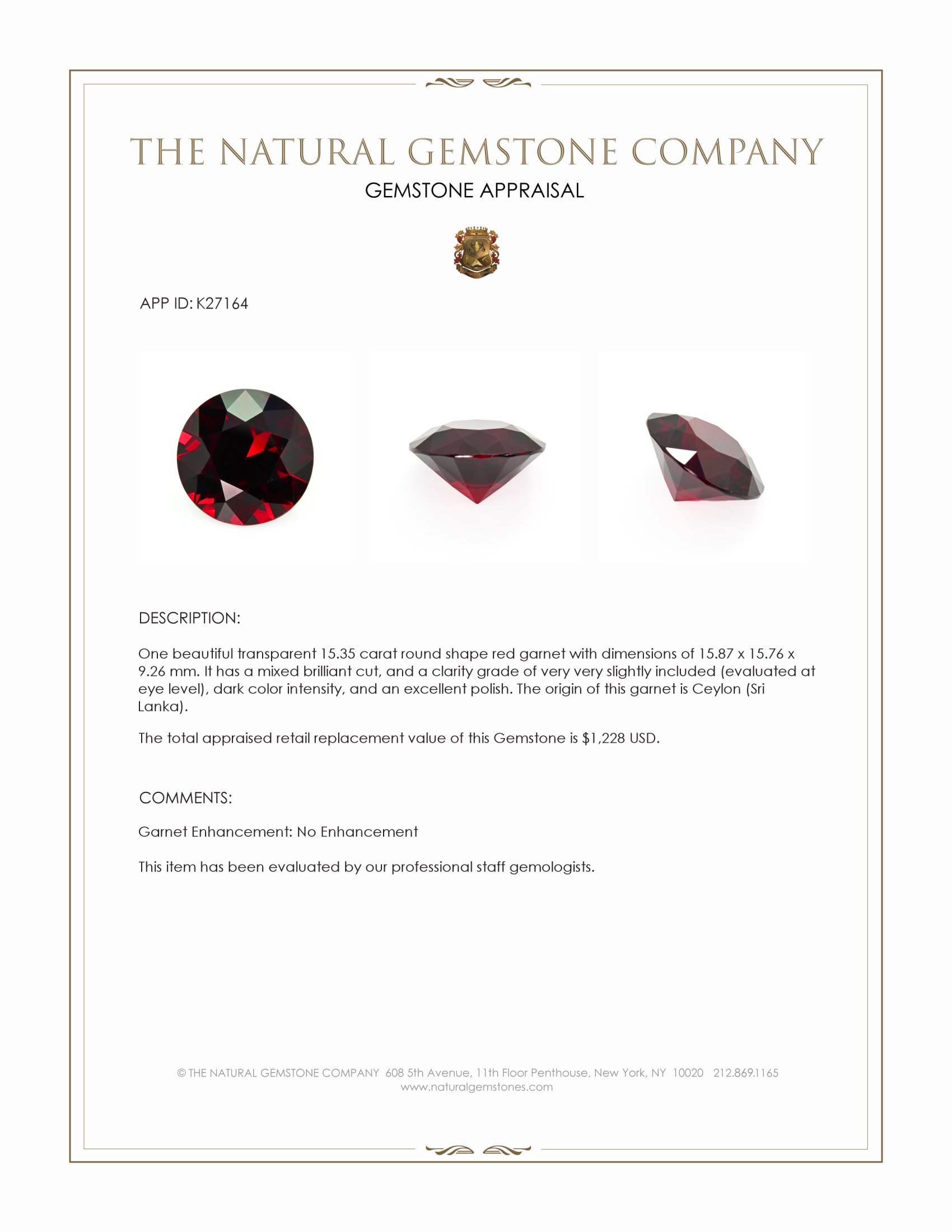15.35 Ct. Red Garnet from Ceylon (Sri Lanka)