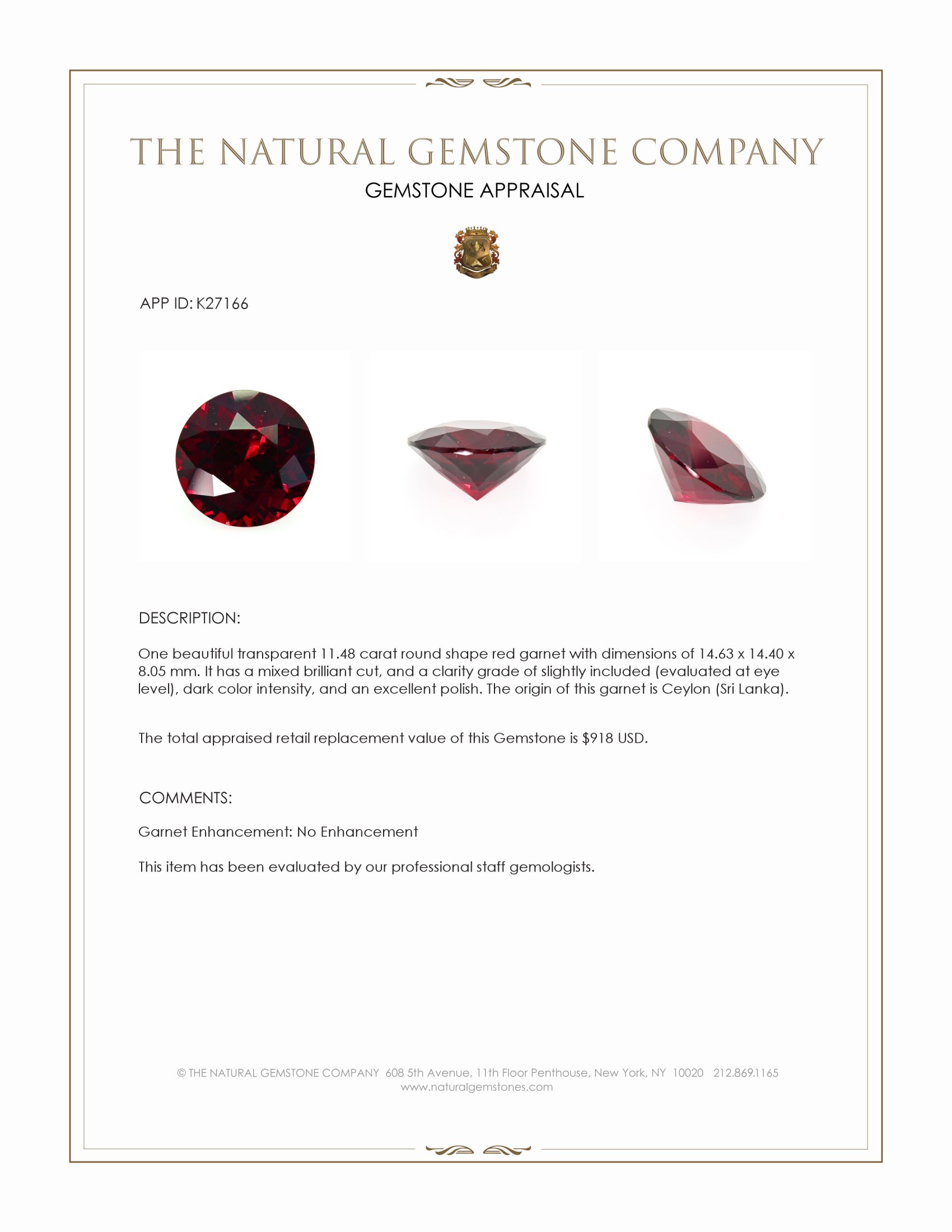 11.48 Ct. Red Garnet from Ceylon (Sri Lanka)