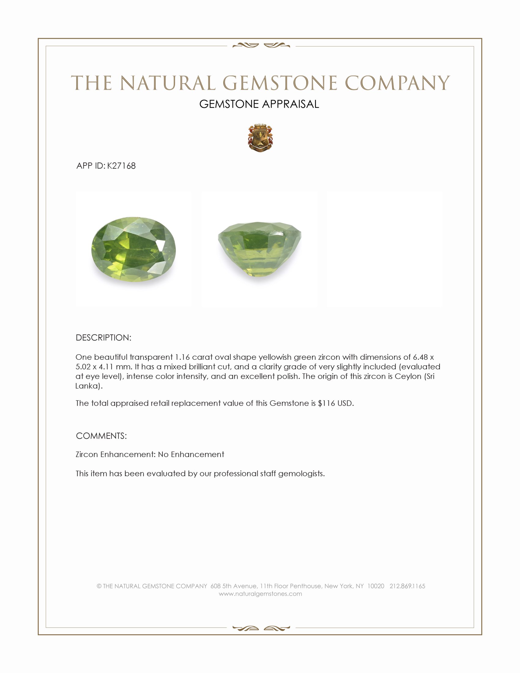 1.16 Ct. Yellowish Green Zircon from Ceylon (Sri Lanka)