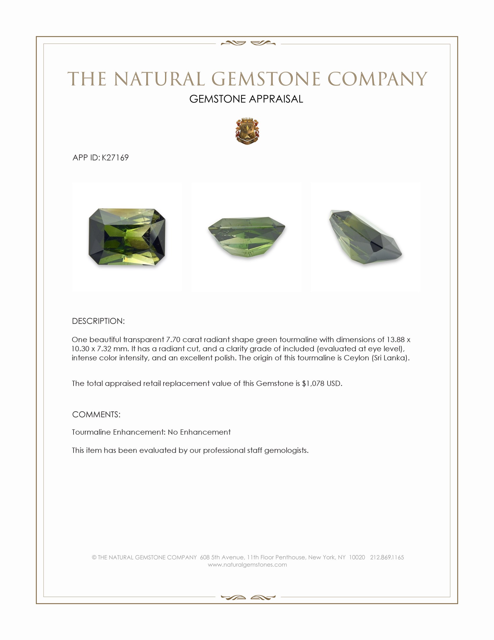 7.70 Ct. Green Tourmaline from Ceylon (Sri Lanka)