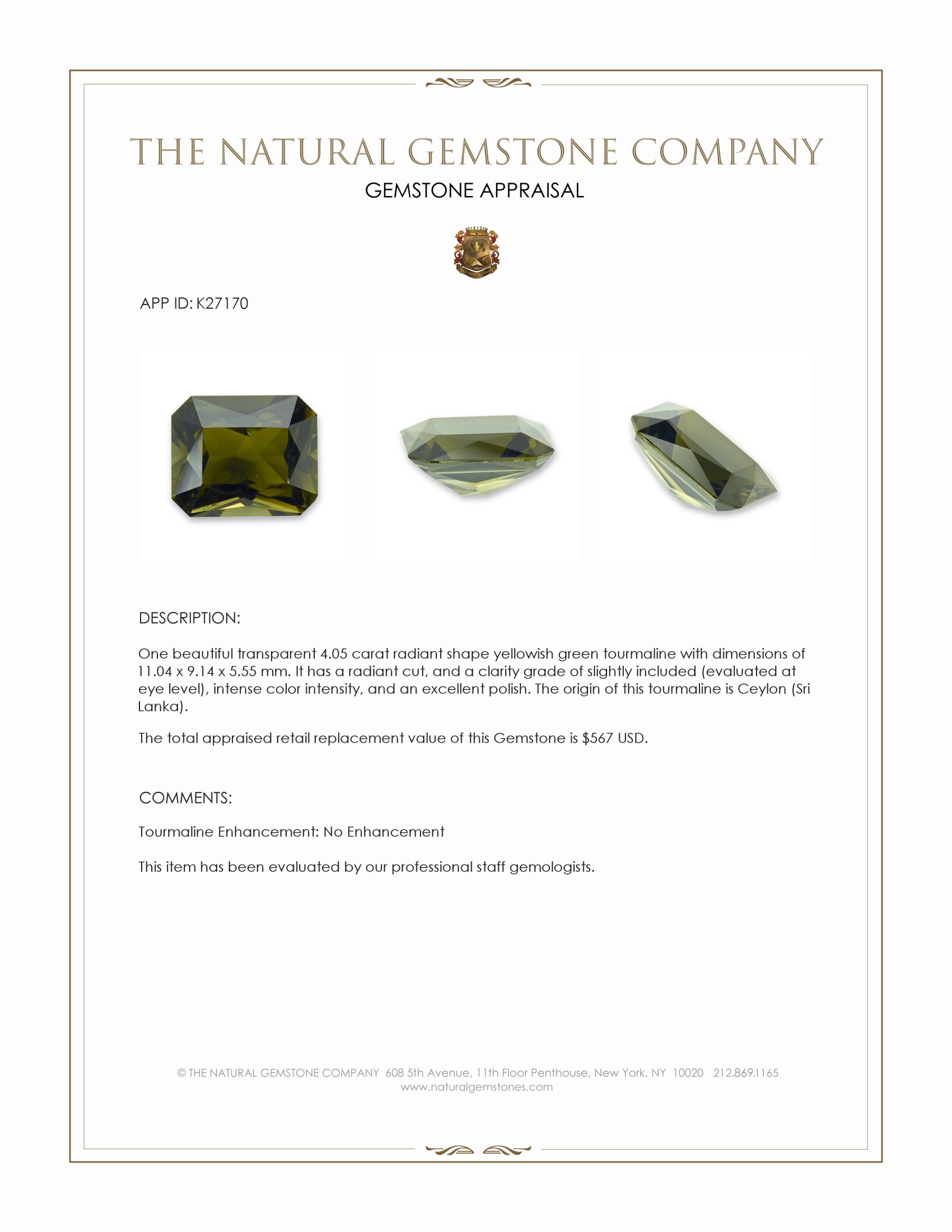 4.05 Ct. Yellowish Green Tourmaline from Ceylon (Sri Lanka)