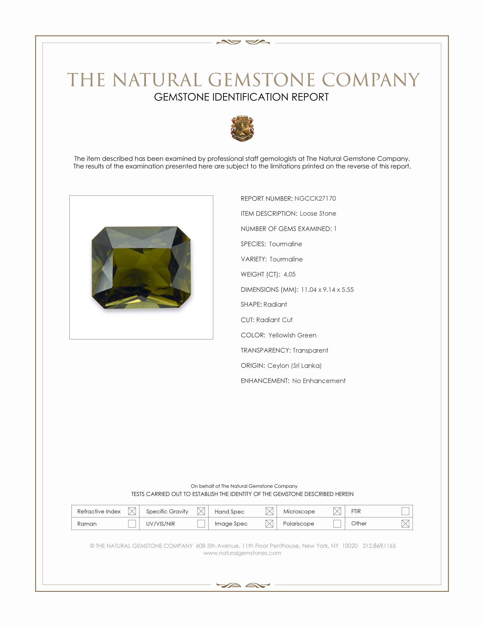 4.05 Ct. Yellowish Green Tourmaline from Ceylon (Sri Lanka)