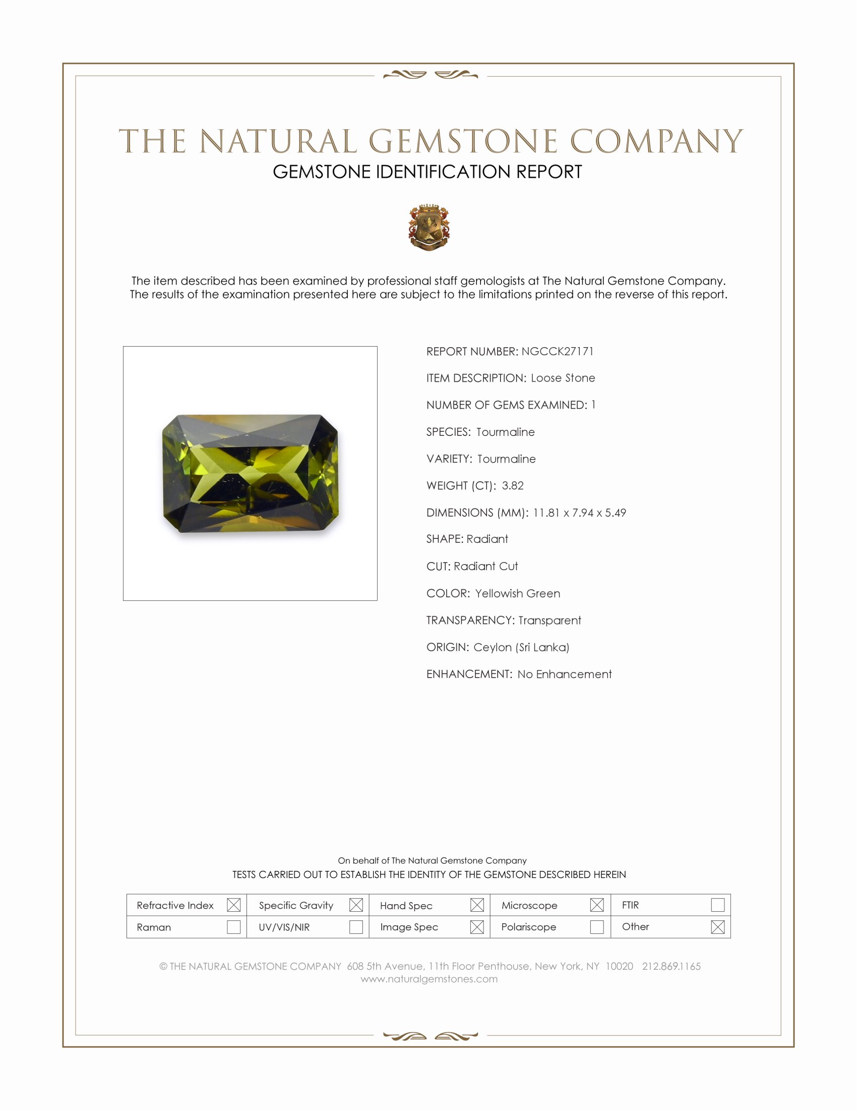 3.82 Ct. Yellowish Green Tourmaline from Ceylon (Sri Lanka)