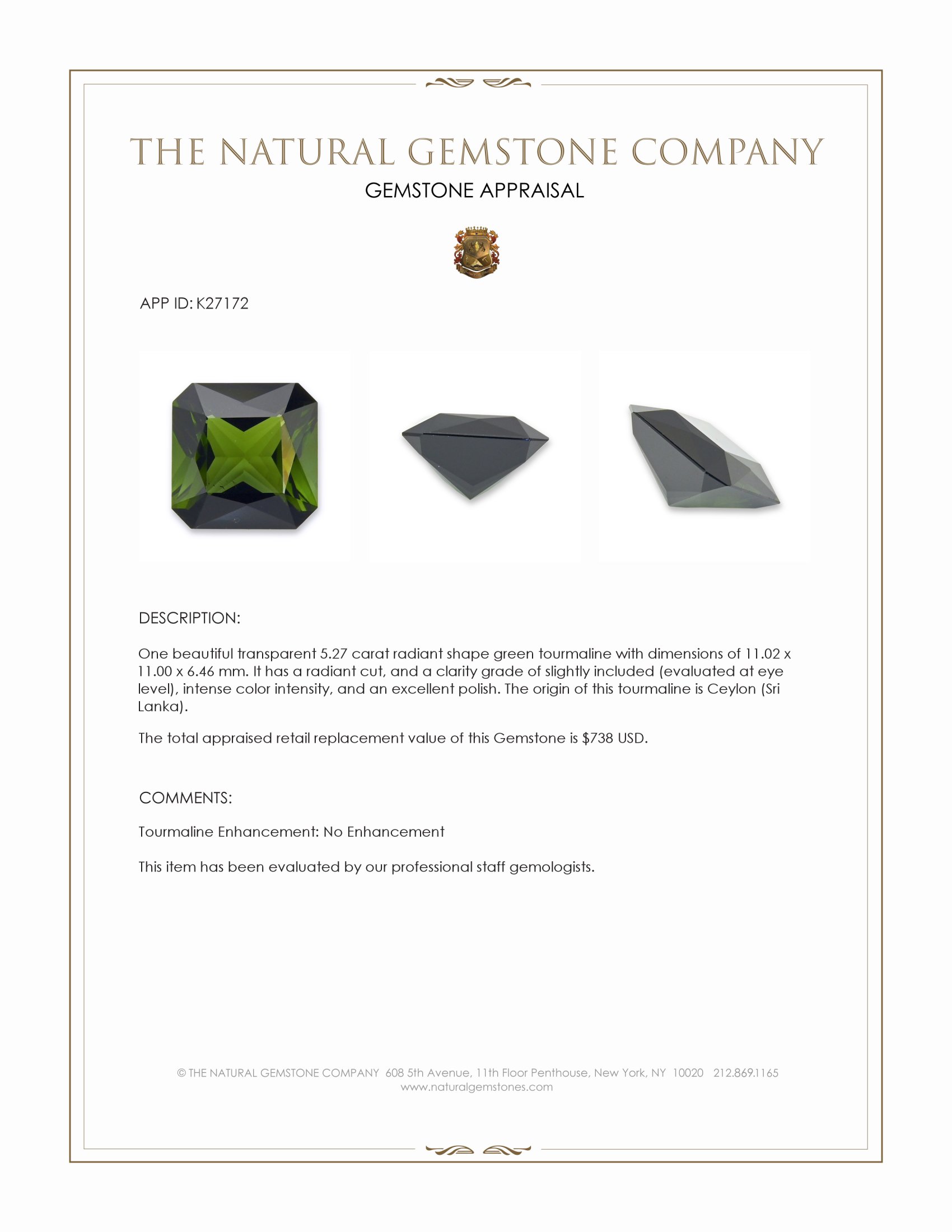5.27 Ct. Green Tourmaline from Ceylon (Sri Lanka)