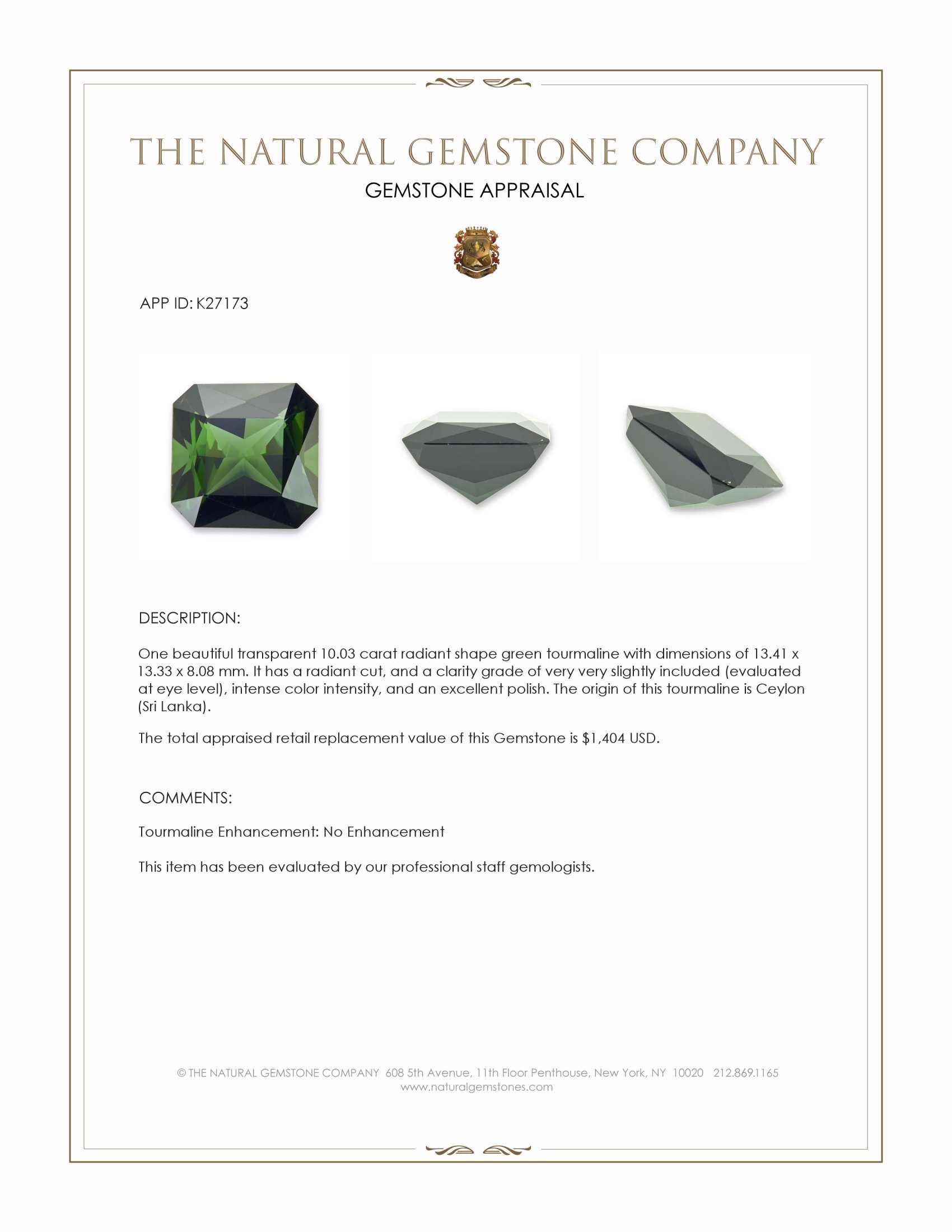 10.03 Ct. Green Tourmaline from Ceylon (Sri Lanka)