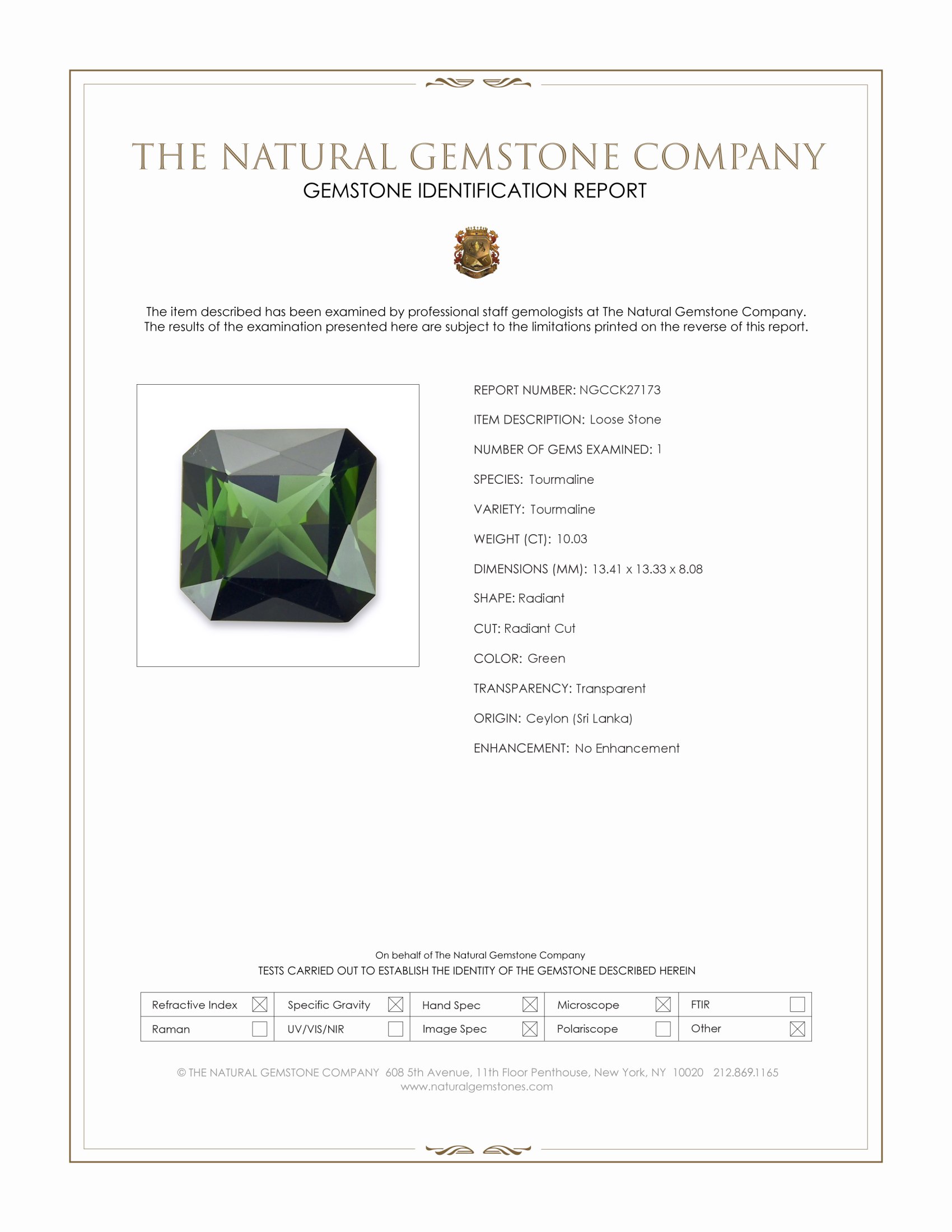 10.03 Ct. Green Tourmaline from Ceylon (Sri Lanka)